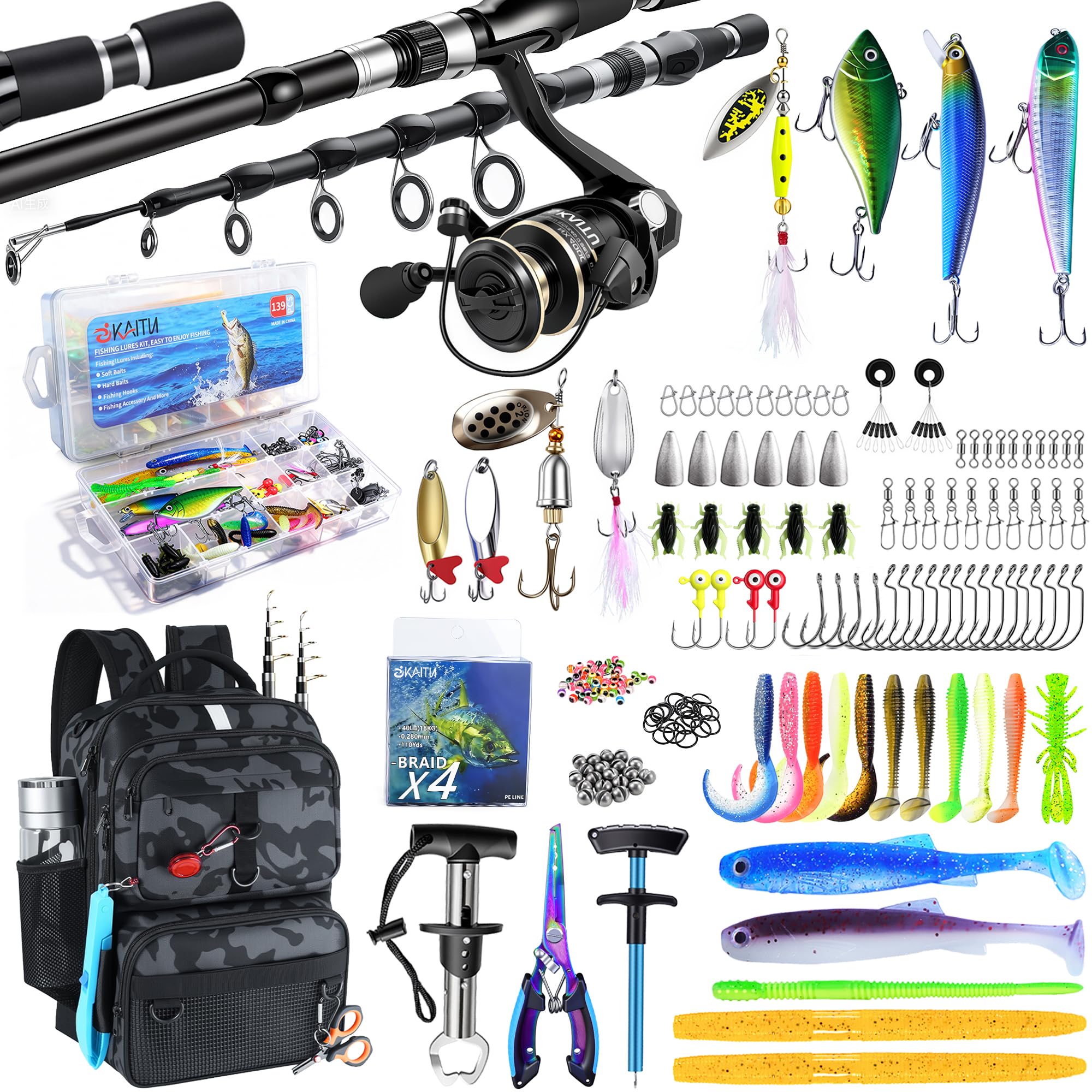 Fishing Backpack Tackle Box - Rod Holder & Lures -11