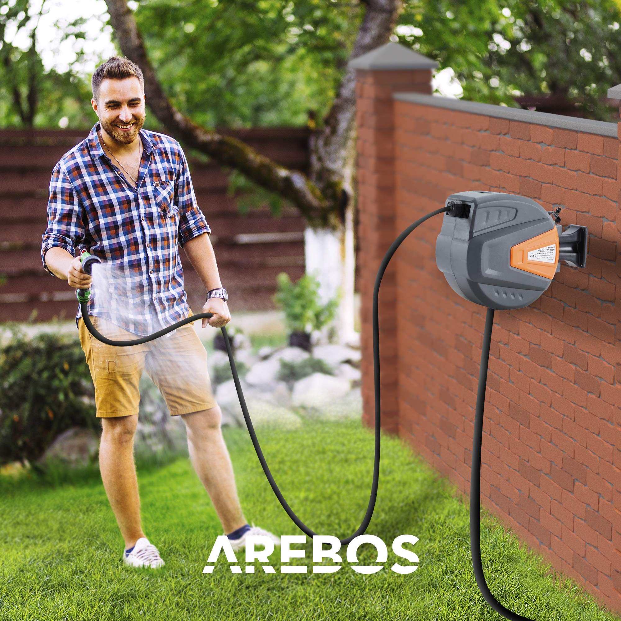 Arebos Schlauchaufroller | 20 m Schlauchtrommel | Wand-Schlauchbox mit Arretierstop & 9 Sprühunktionen |180° Schwenkbar | Inkl.Wandhalterung | Automatischer Aufrollmechanismus Gartenschlauch | Orange