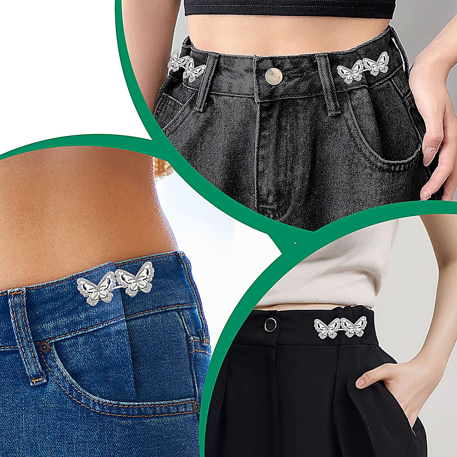 Andibro Juego de 4 tensores de cintura ajustables, hebillas de cintura desmontables, botones de ajuste para pantalones, jeans, faldas, mangas, plateado