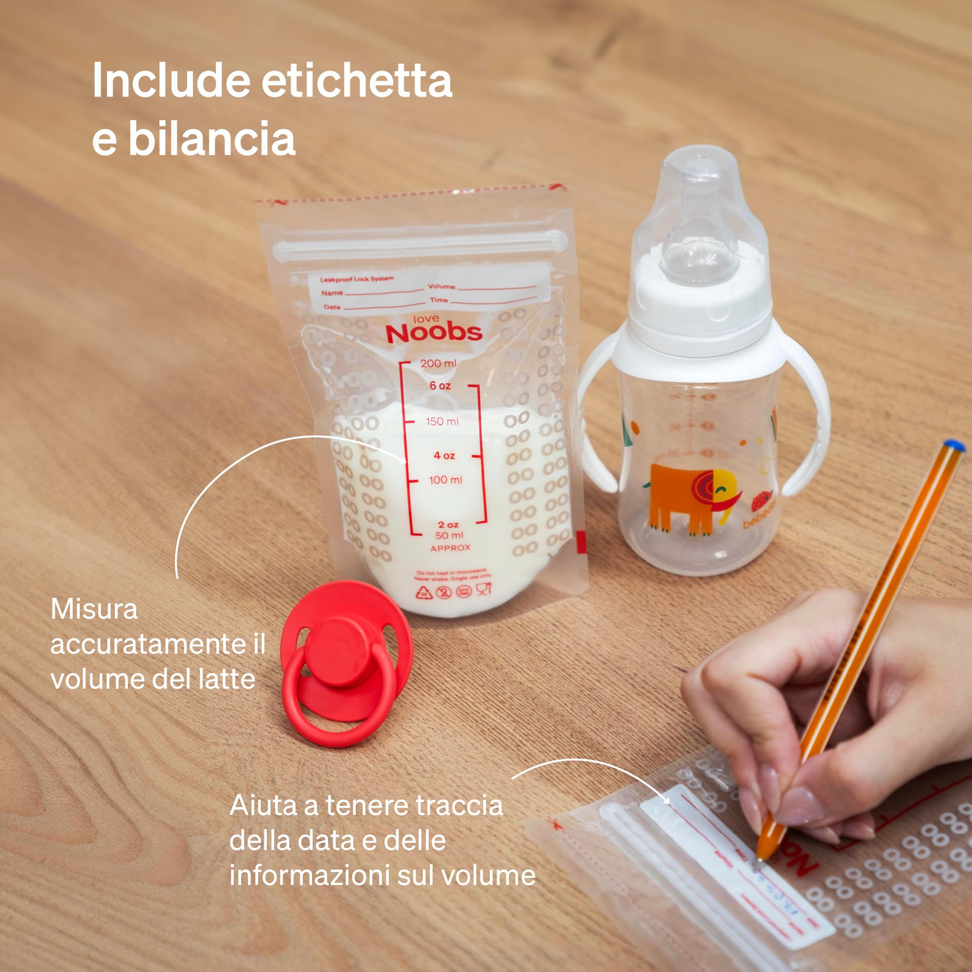Sacchetti Latte Materno di Love Noobs, Buste Latte Materno Congelare, 200 conte - Sacchetti da 200 ml, Facile da usare, Presterilizzati