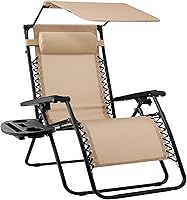 Best Choice Products Zero Gravity Folding Lounge Chair w/ Adjustable Canopy, Headrest, Side Tray - Beige Textilene Outdoor Recliner