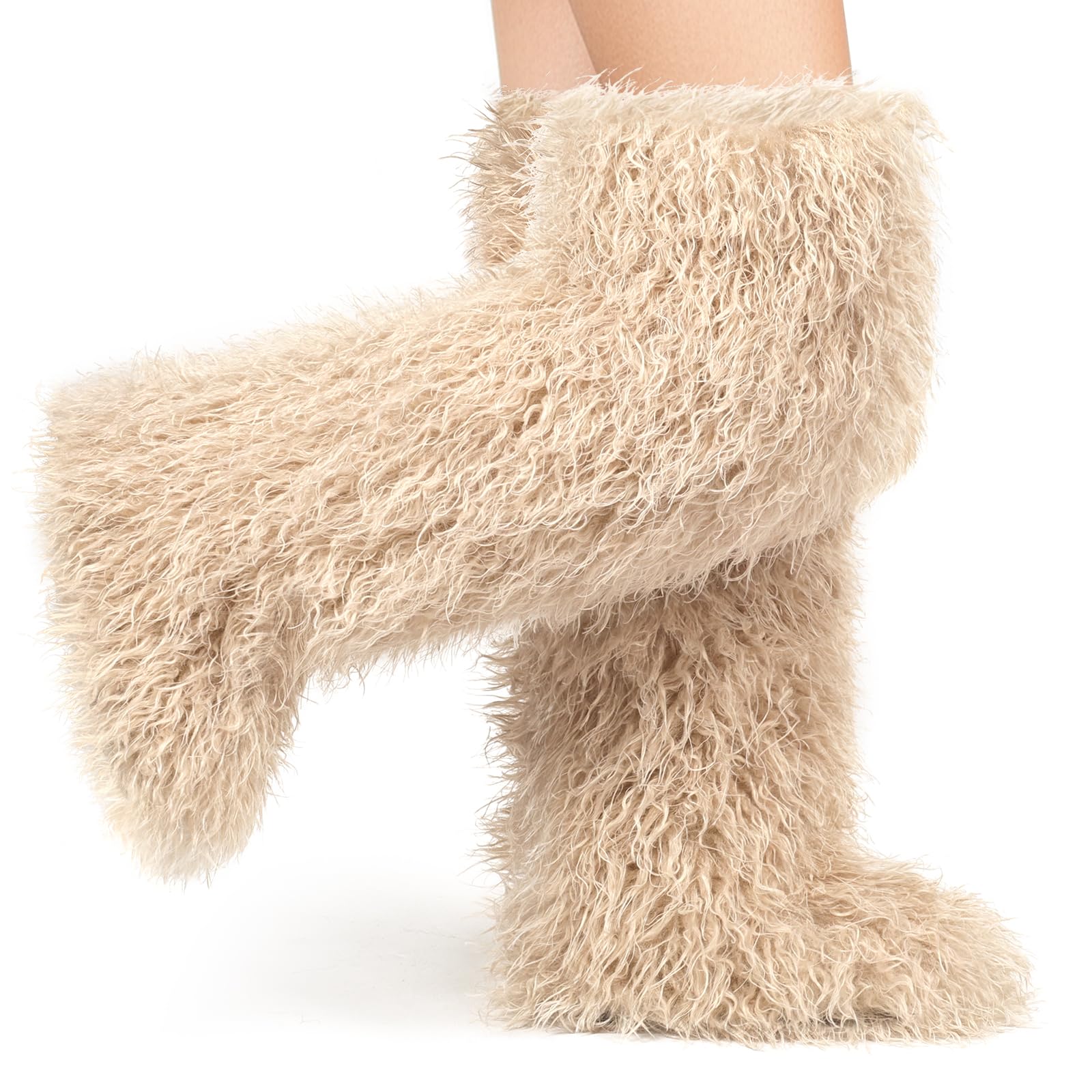 Thigh High Fur Boots,Over the Knee Furry Boots for Women,Fuzzy Fluffy Tall Long Faux Boot Snow Winter Round Toe-image-19