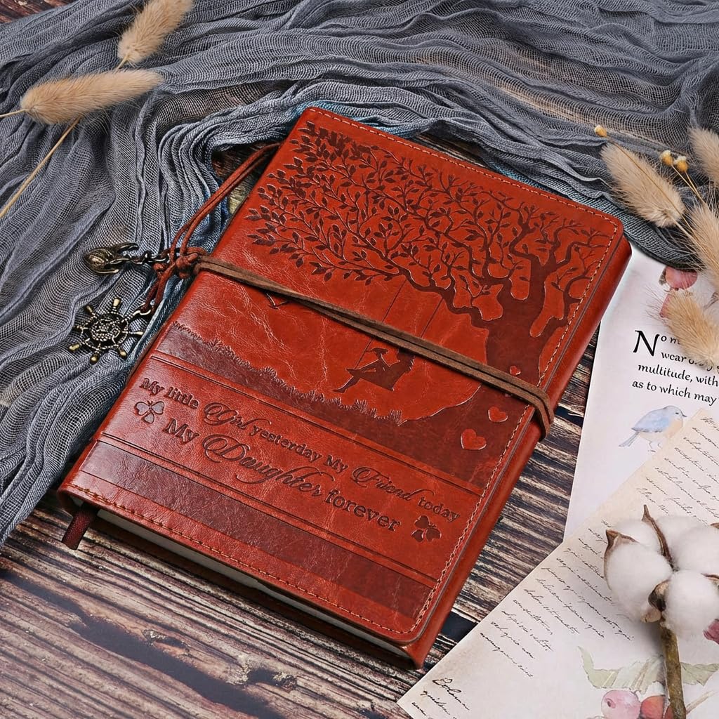 Diario de cuero de regalo para hija de mamá o papá – Cuaderno marrón vintage con mensaje inspirador, páginas a rayas, diario de recuerdo para cumpleaños, graduación, Navidad