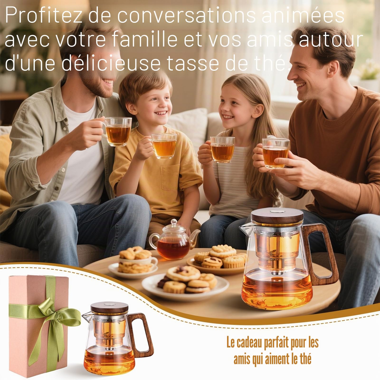 Théière Magique 800ml, Théière en Verre avec Infuseur, Tea Pot en Verre avec Séparation de L'eau, avec Poignée en Bois, Tea Pot Transparente, pour Brasser, Filtrer les Feuilles en Vrac