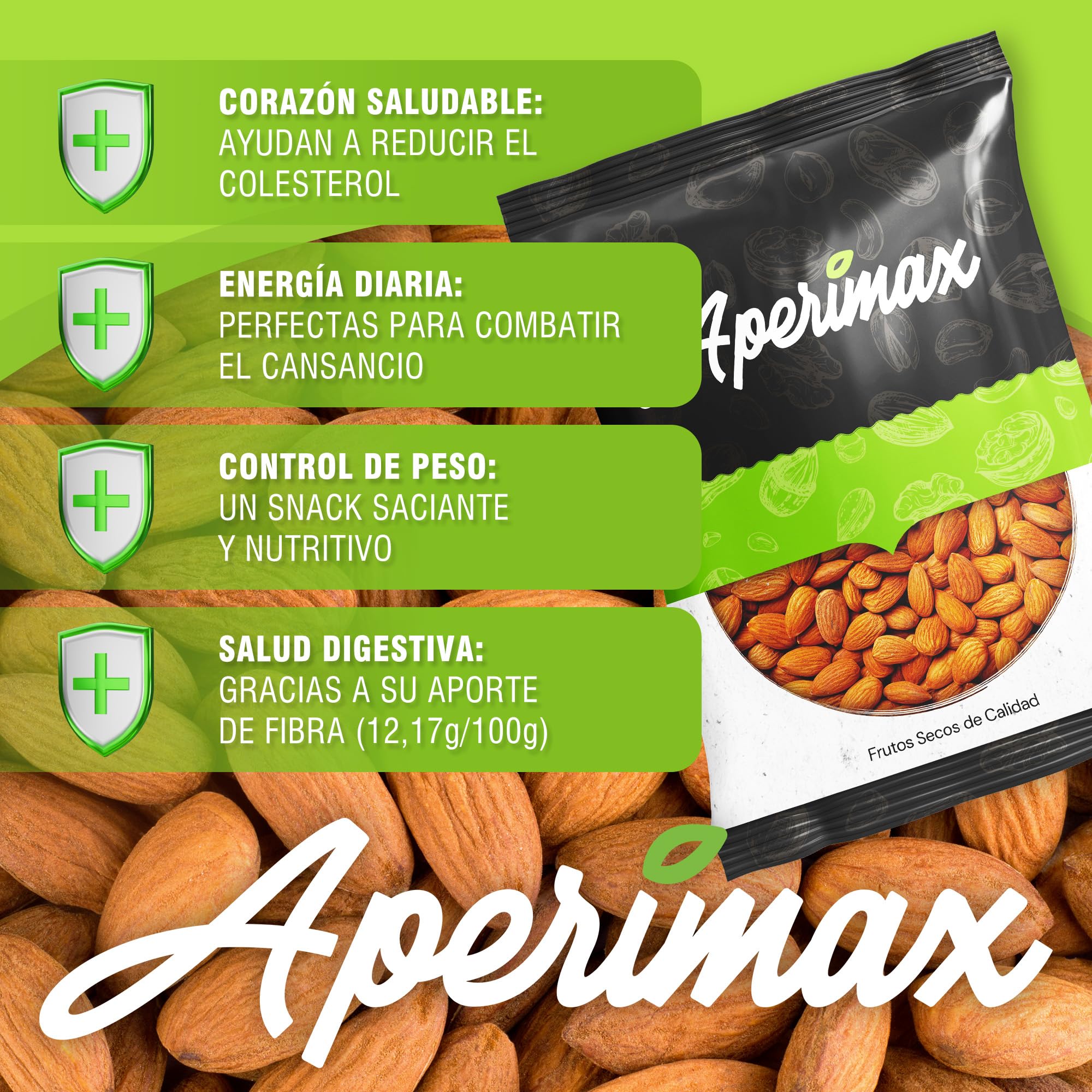 APERIMAX Almendras crudas naturales alto contenido en fibra Frutos secos sin gluten vegano