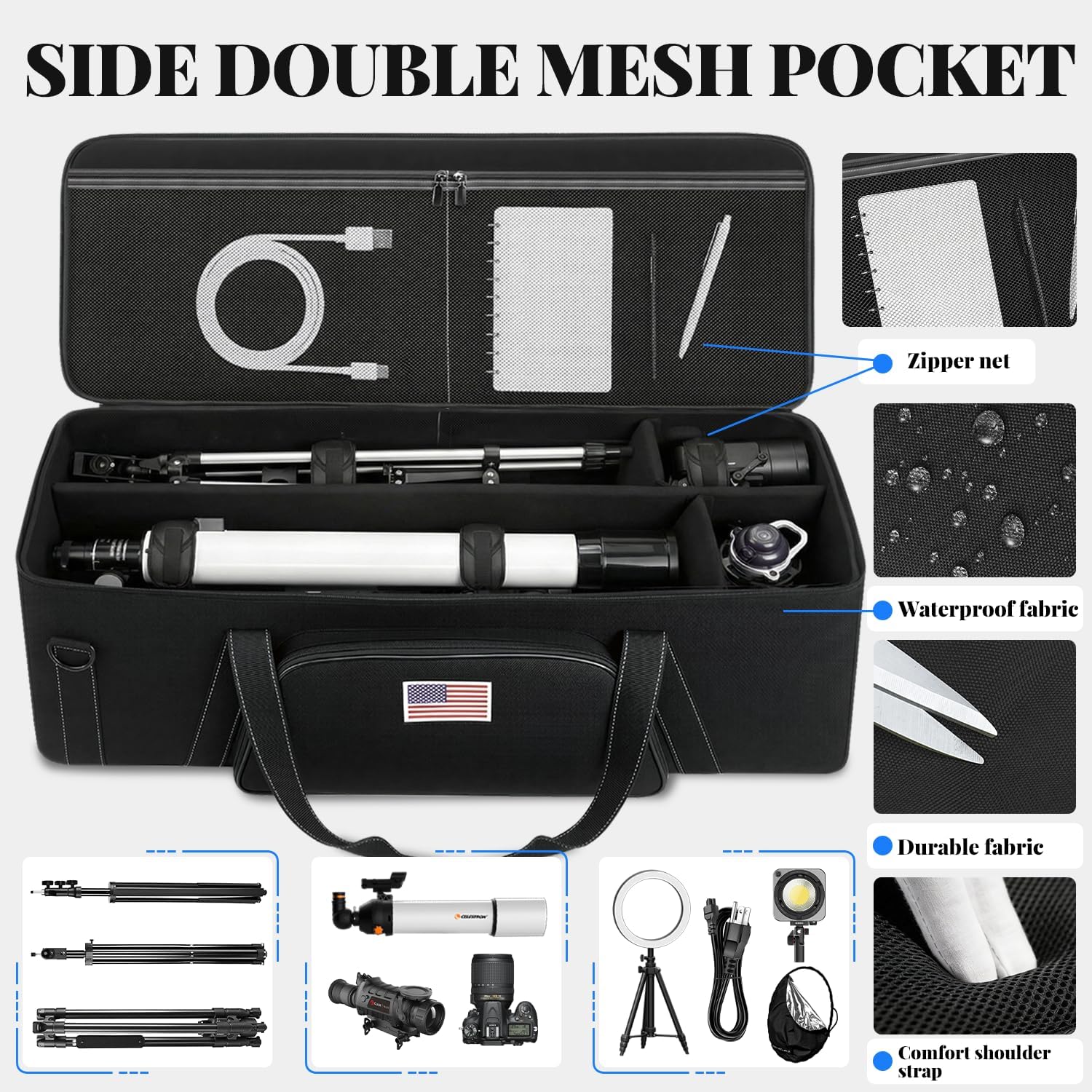 40.8" Astronomical Telescope Case, Large Telescope Travel Bag Soft Padded Telescope Accessories Carrying Case with Telescope, Tripods, Light Stands, Telescopes Tube, Camera, Studio Equipment