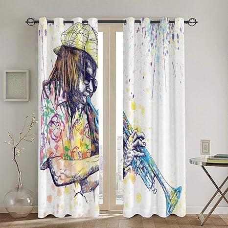 Amazon 遮光カーテン 背景エンターテインメントアートでペイントスプラッシュとトランペット奏者のイラスト 断熱 おしゃれ 寝室 リビング用 カーテンセット 昼夜目隠し 2枚組 130x180cm カーテン オンライン通販 Amazon 遮光カーテン 背景エンターテインメントアートでペイントスプラッシュとトランペット奏者のイラスト 断熱 おしゃれ 寝室 リビング用 カーテンセット 昼夜目隠し 2枚組 130x180cm カーテン オンライン通販