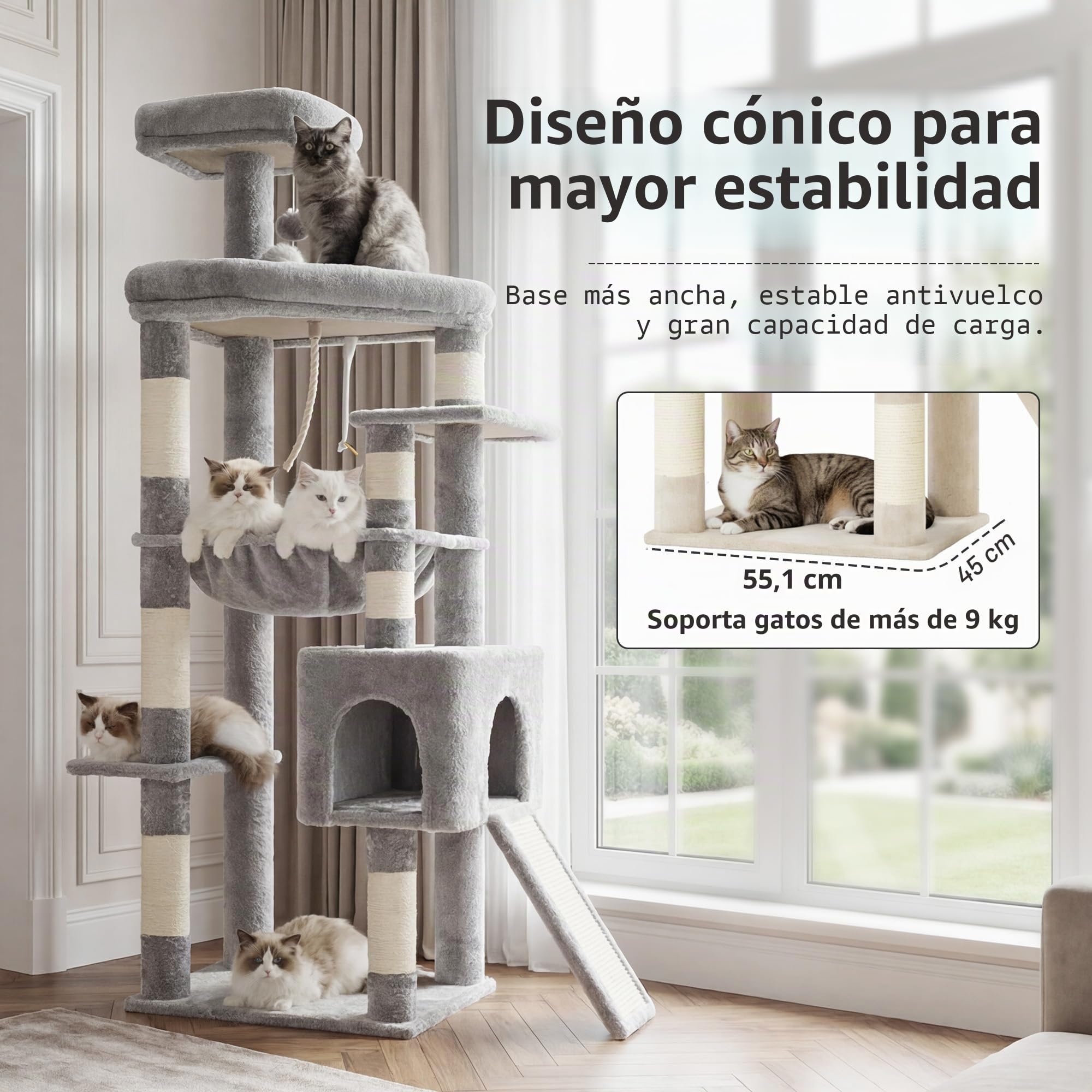 Heybly Árbol para Gatos, 163 cm Torre para Gatos Estable con Base Ancha, Plataforma Grande Espaciosa, Cama Colgante Extragrande, Postes Y Rascador De Sisal, Cesta para Gatos, Gris Claro HCT027W