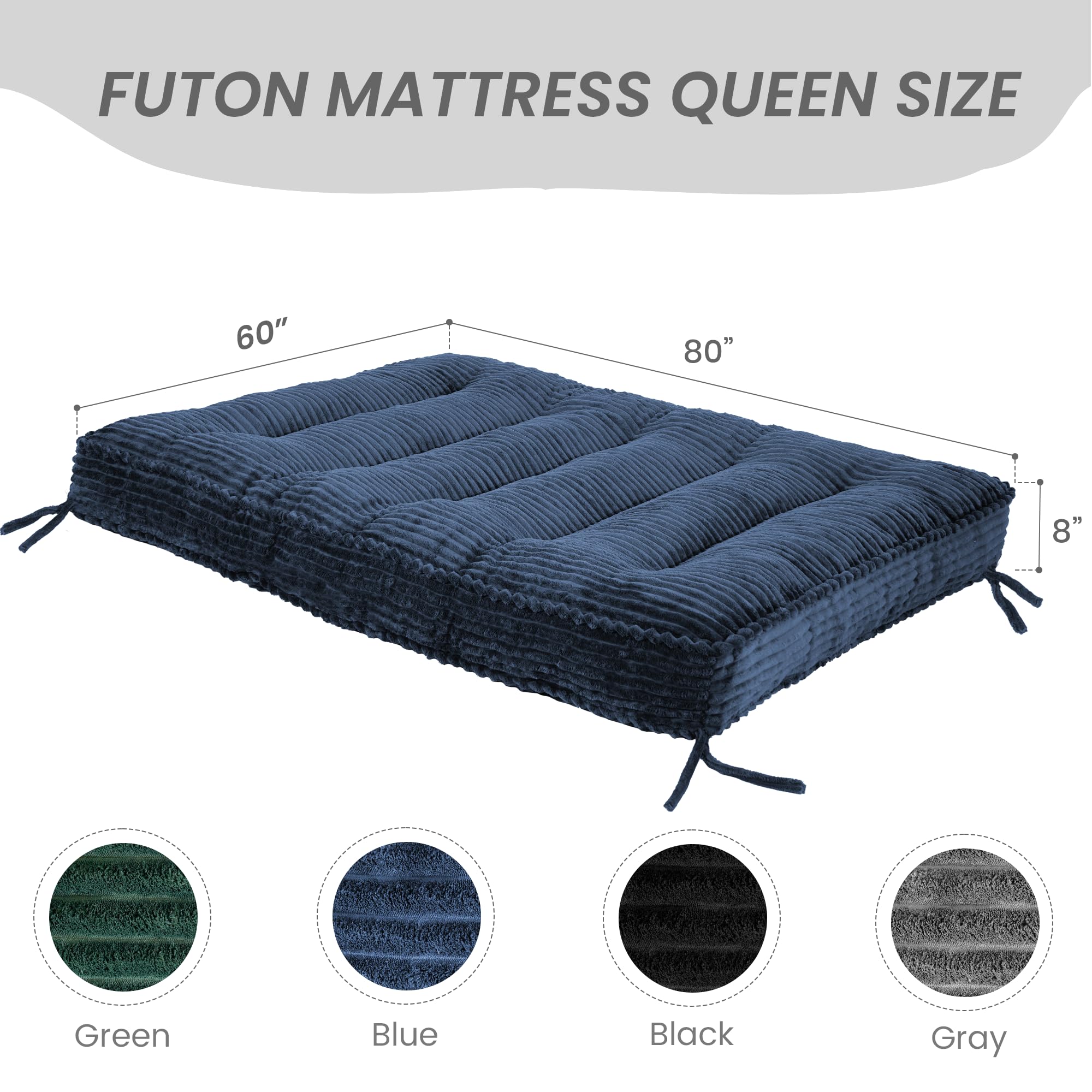 8” Futon Mattress Full Size 54” x 80”, Futon Sofa Couch Bed with Twisted Rope Design Edging, Extra Thick Corded Floor Futon Mattress Sleeping Mat for Adults, Camping, Dorm, Blue(Frame Not Included)