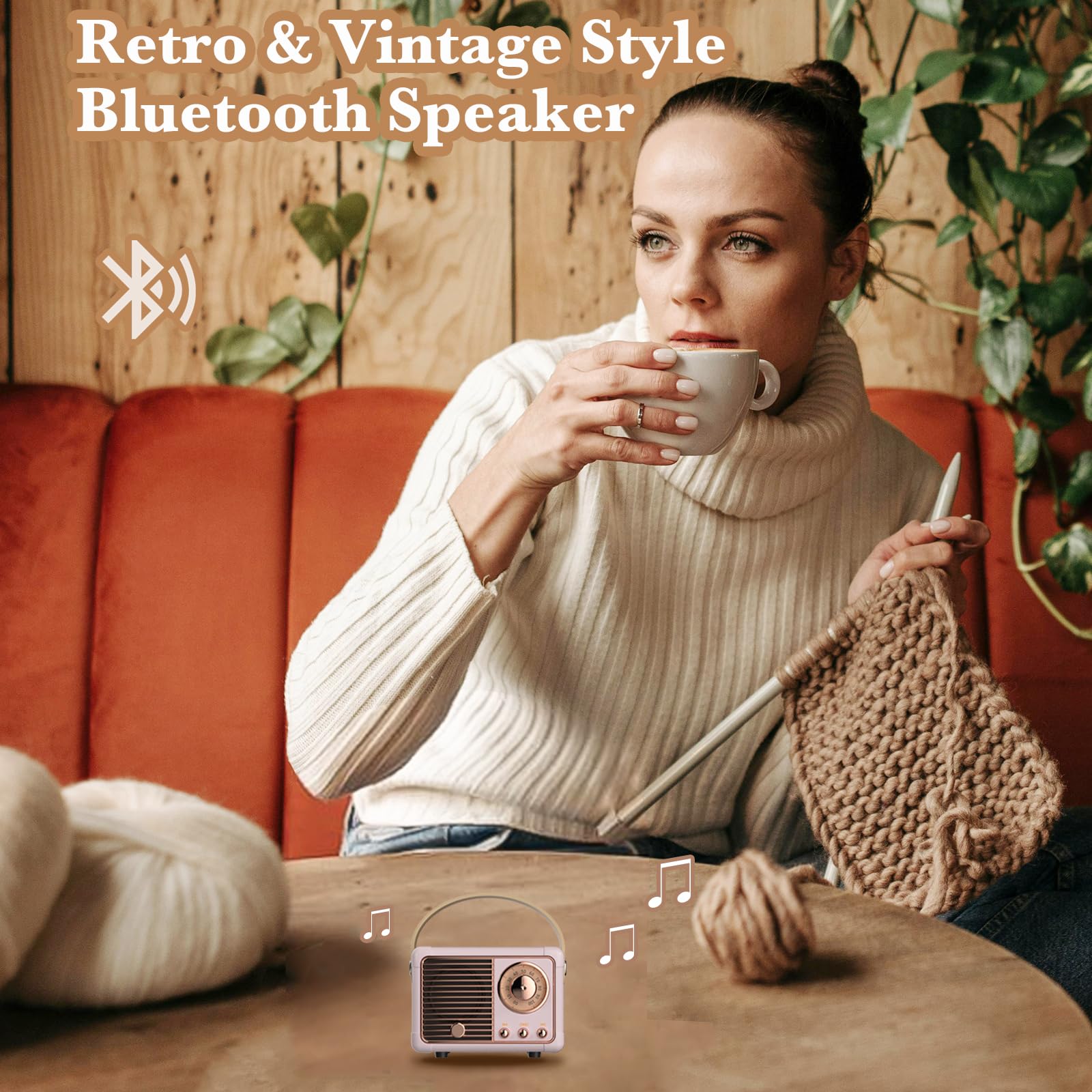 QUEQIMU Retro Bluetooth Speaker, Wireless Mini Portable Speakers Vintage Radio Support USB/TF Card/AUX, Cute Bluetooth Speaker for Kitchen Desk Bedroom Office, Birthday Gifts for Women Teenage, Pink