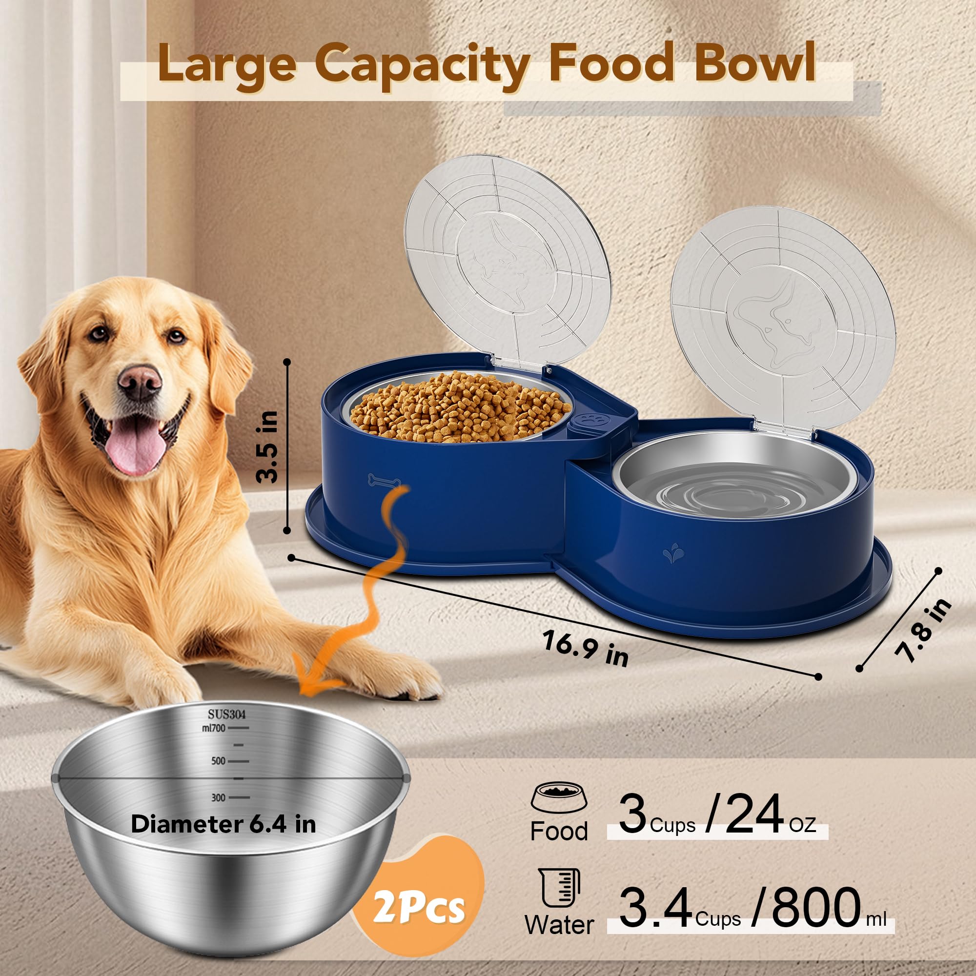 Cuenco doble de acero inoxidable para mascotas con tapa, gran capacidad, perros y gatos, color azul