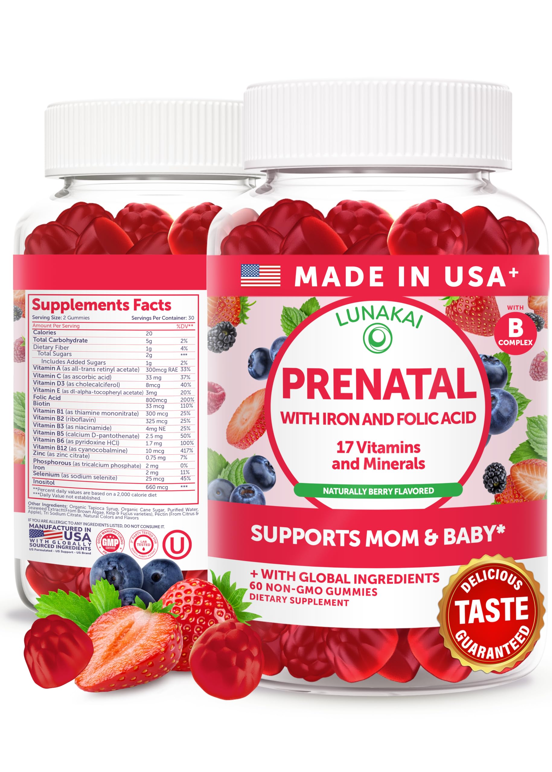 Lunakai USA Made 17-in-1 Prenatal Vitamins for Women with Iron & Folic Acid – Delicious Daily Prenatal Gummies for Maternal Wellness Support, 60ct