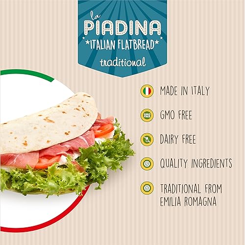 Miniatura 4 de Fresco Piada, Paquete de 6 Piadina italiana original (24 unidades en total), sin conservantes añadidos, 100% fabricado en Italia, sin lactosa ni OMG