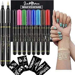 Jim&Gloria Marcadores de pele, caneta de tatuagem temporária, 10 cores com ouro e prata, tatuagens de tinta corporal falsa, maquiagem de Natal, kit de pintura facial, presentes para meninas
