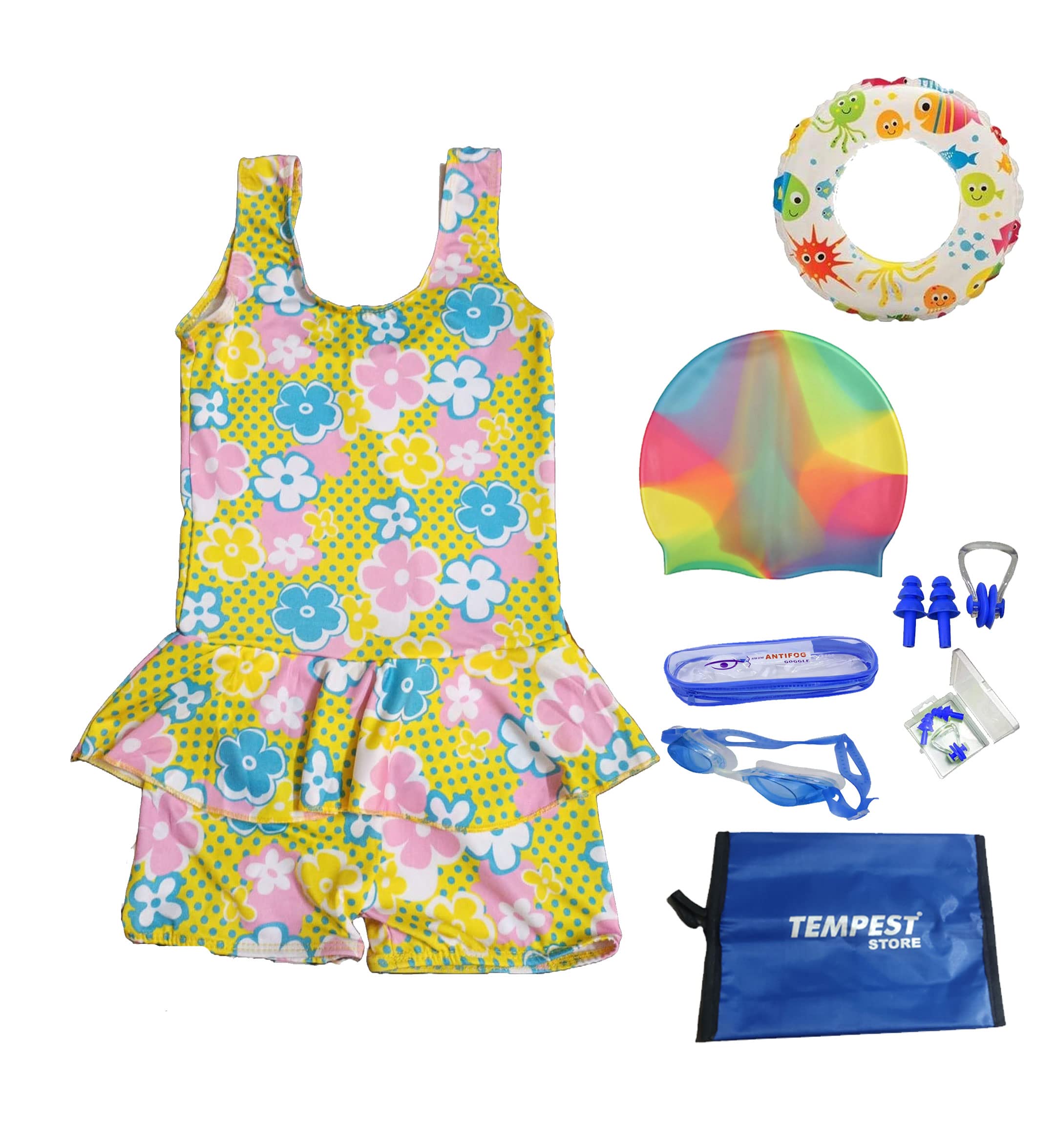 TEMPEST Swimming Kit for Girls with 1 Swimming Costume | Swim Suit | Swimwear | Swimming Dress 1 Goggles 1 Swimming Cap 2 Ear Plug 1 Nose Clip 1 Swimming Tube(Multicolor, 5-6 Years) with Free KIT Bag 1