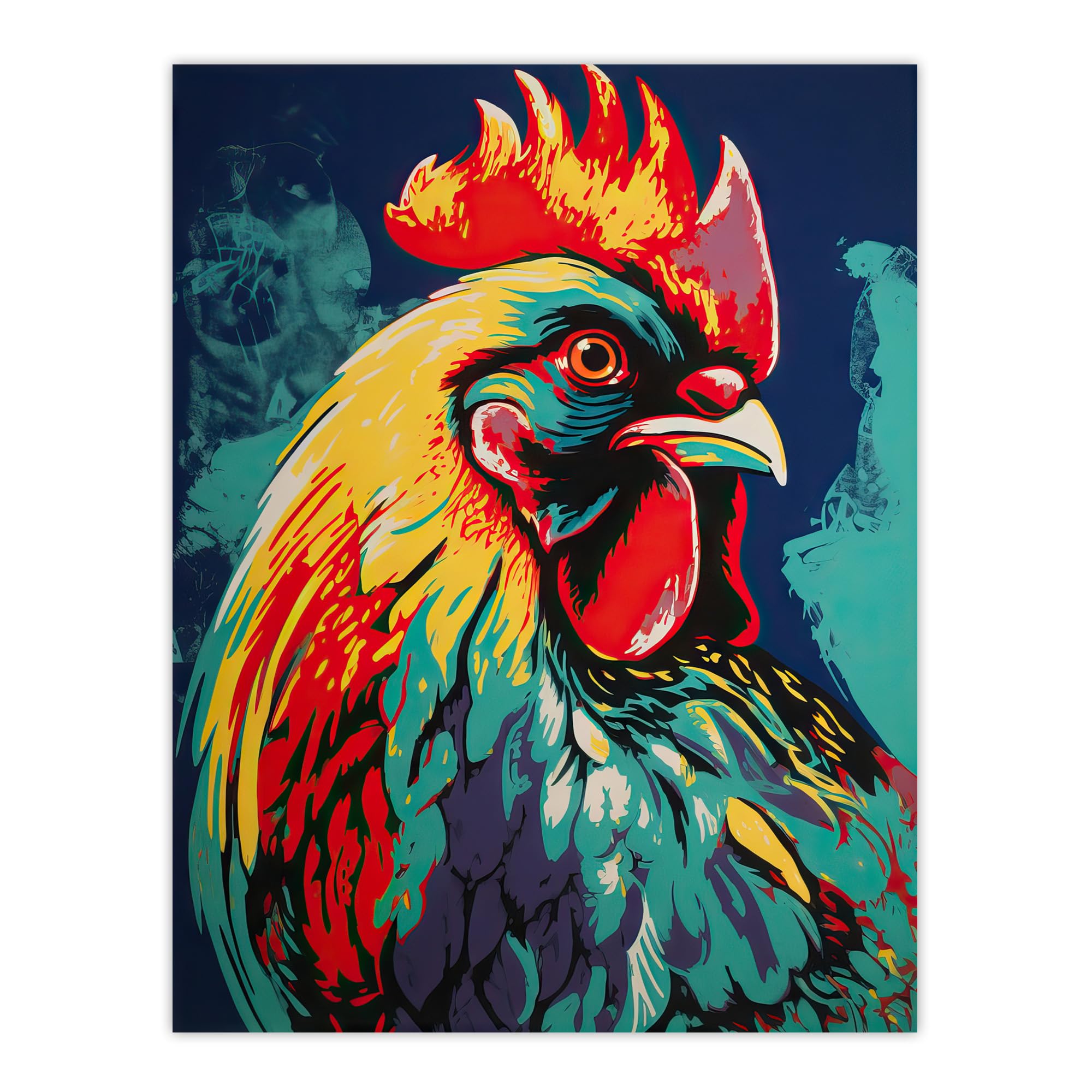 Artery8 Cockerel Rooster Chicken Hen Screenprint Red Yellow Turquoise Vibrant Bold Bright Colourful Painting Extra Large XL Wall Art Poster Print