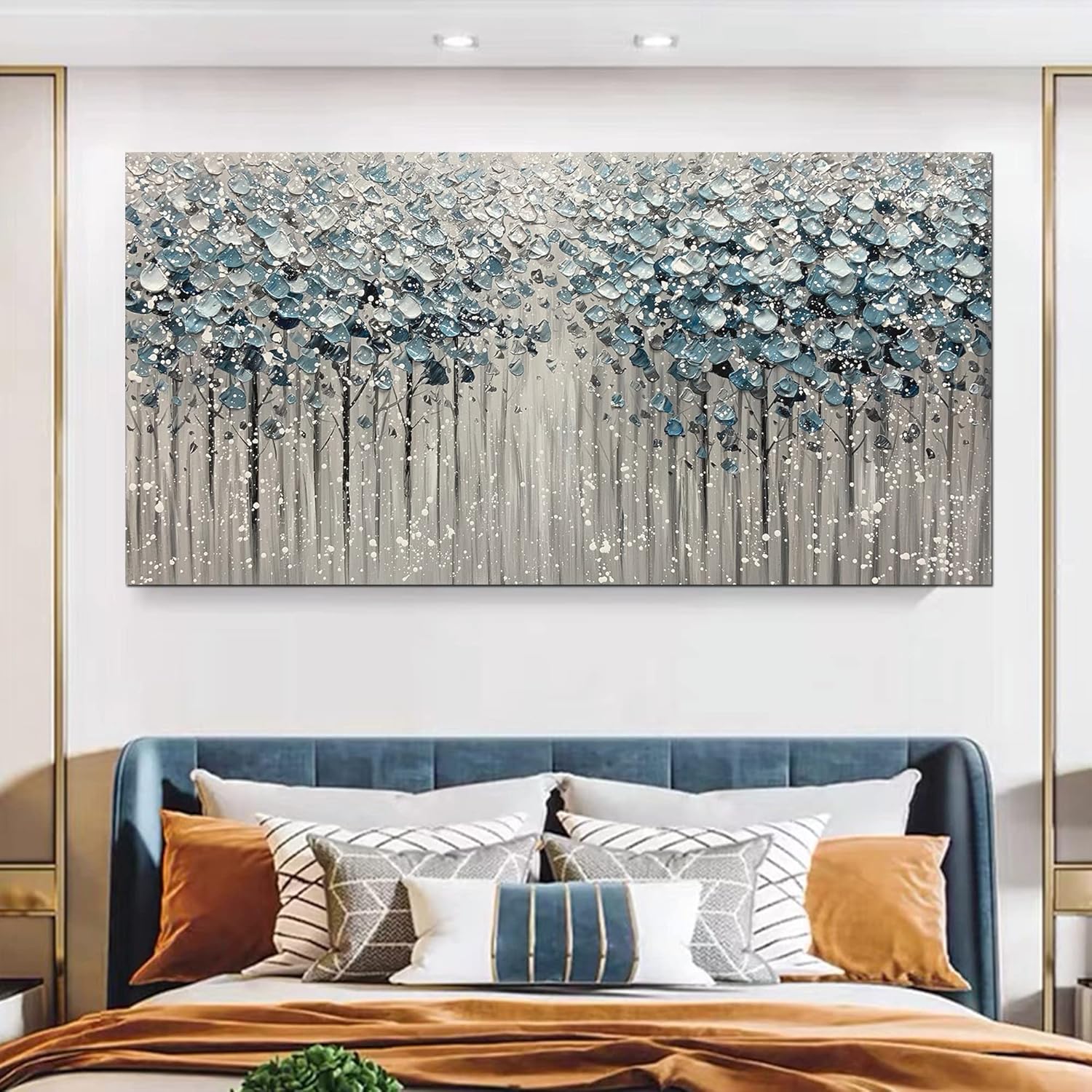 Yotree Paintings - 24x48 Inch 3D Oil Paintings on Canvas Blue Forest Heavy Texture Acrylic Painting Wall Art Wall Decoration Wood Inside Framed Hanging Ready to Hang