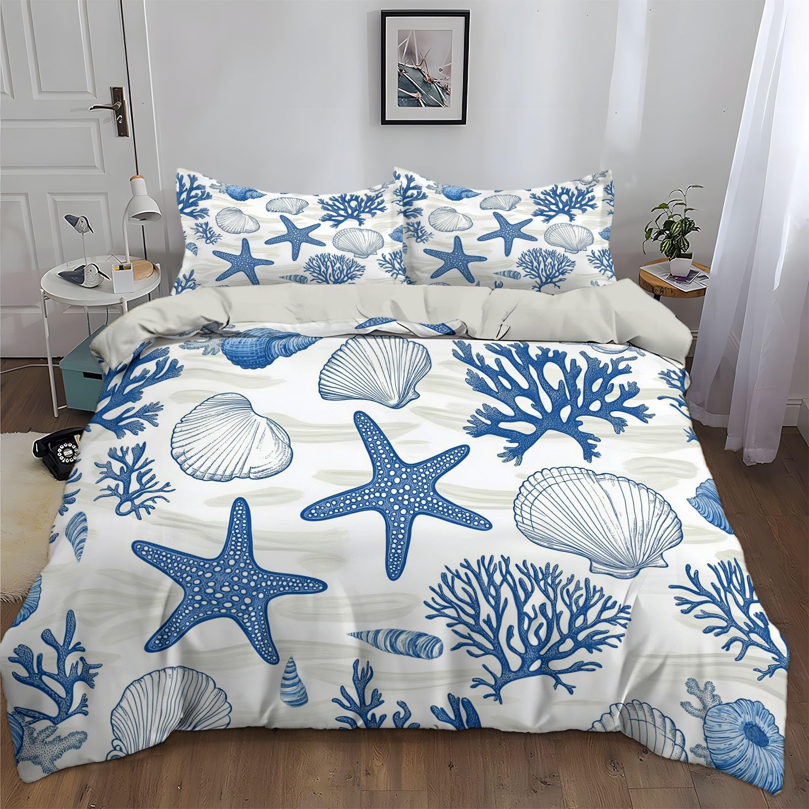 Juego de Fundas Nórdicas Suave 3 Piezas para Cama 90 - Estrellas de mar Azules corales y Conchas Patrón Funda Edredón Poliéster Algodón 150 x 200 cm + 2 Funda de Almohada 50x75,
