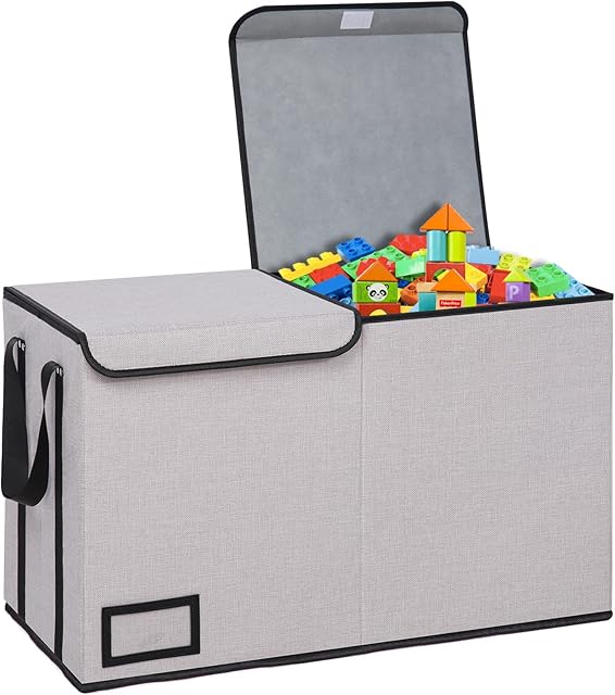 OUTBROS Large Kids Toy Box Storage Chest with Double Flip, Foldable Fabric Storage Baskets Organizer Bins with Big Handles, for Nursery, Playroom, Clothes, Blanket, Bedroom (1 Pack, Light Grey)