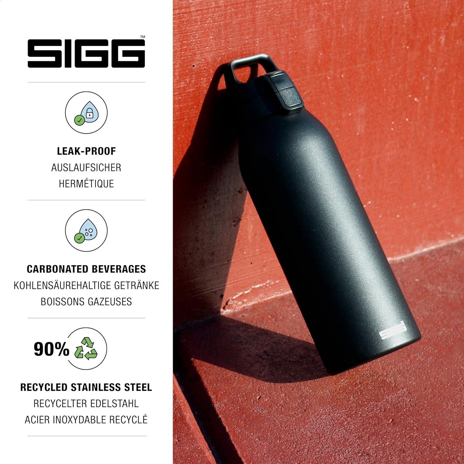 SIGG - Stainless Steel Water Bottle - Shield ONE Black - Suitable for Carbonated Drinks - Leak-Proof - Feather-Light - BPA-Free - Outdoor & Fitness - 1.5 L