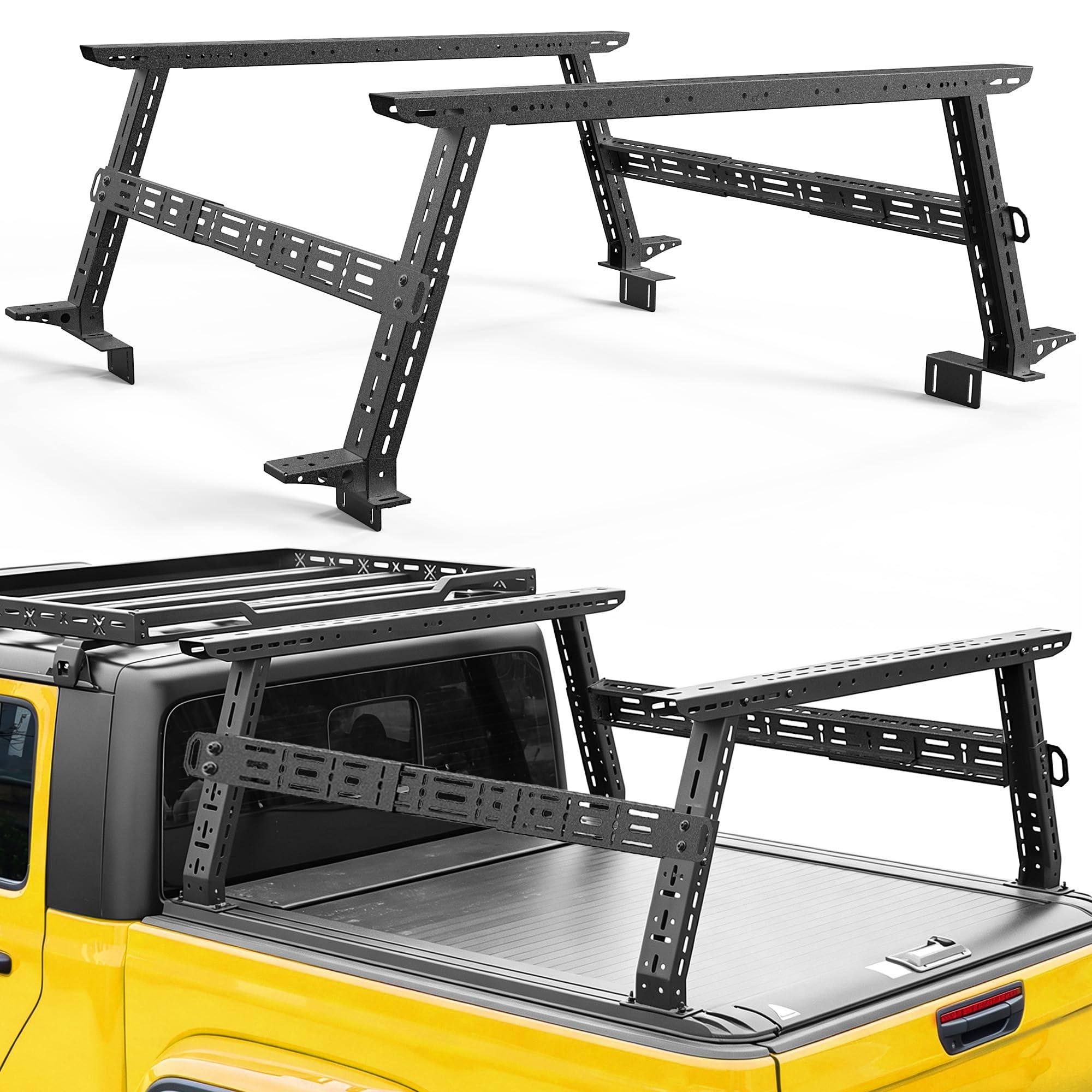MONOKING Mid Size Truck Bed Rack, 17"-25" Adjustable Height Overland Cargo Rack with 2 MOLLE Panels, Pickup Rack for Rooftop Tent Camping Gear, Fits Gladiator JT Tacoma Frontier Colorado Canyon Ranger