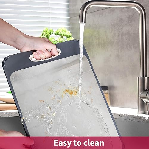 Miniatura 7 de Tabla de cortar de doble cara para cocina, tabla de cortar con acero inoxidable 304 y plástico para carne, verduras y frutas, antideslizante, fácil