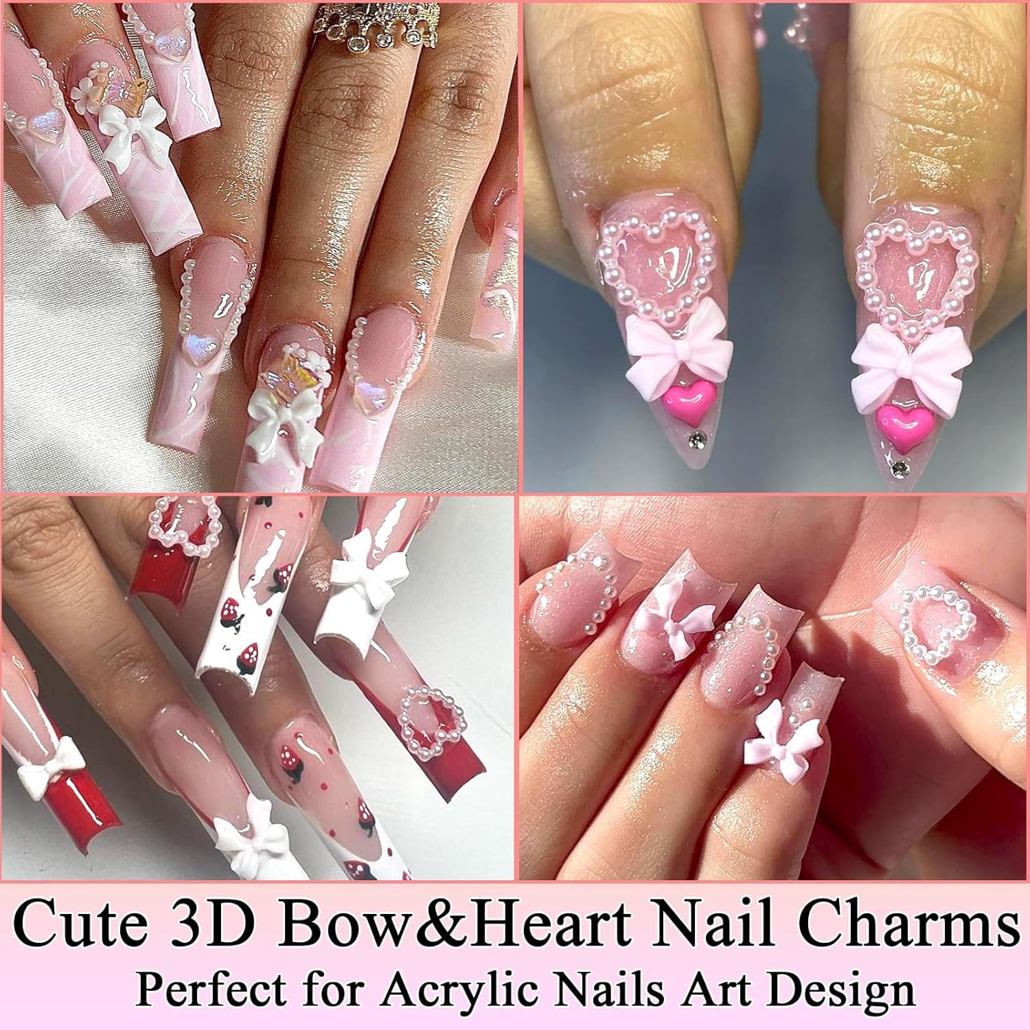 ATIMORY 1000PCS Bow Nail Charms White Pink Nail Bows Cute White Heart Star Coquette Nail Decoration Flatback Pearl Beads Tiny Flower Charms Nail Accessories with Tweezer Pickup Pencil - Image 2
