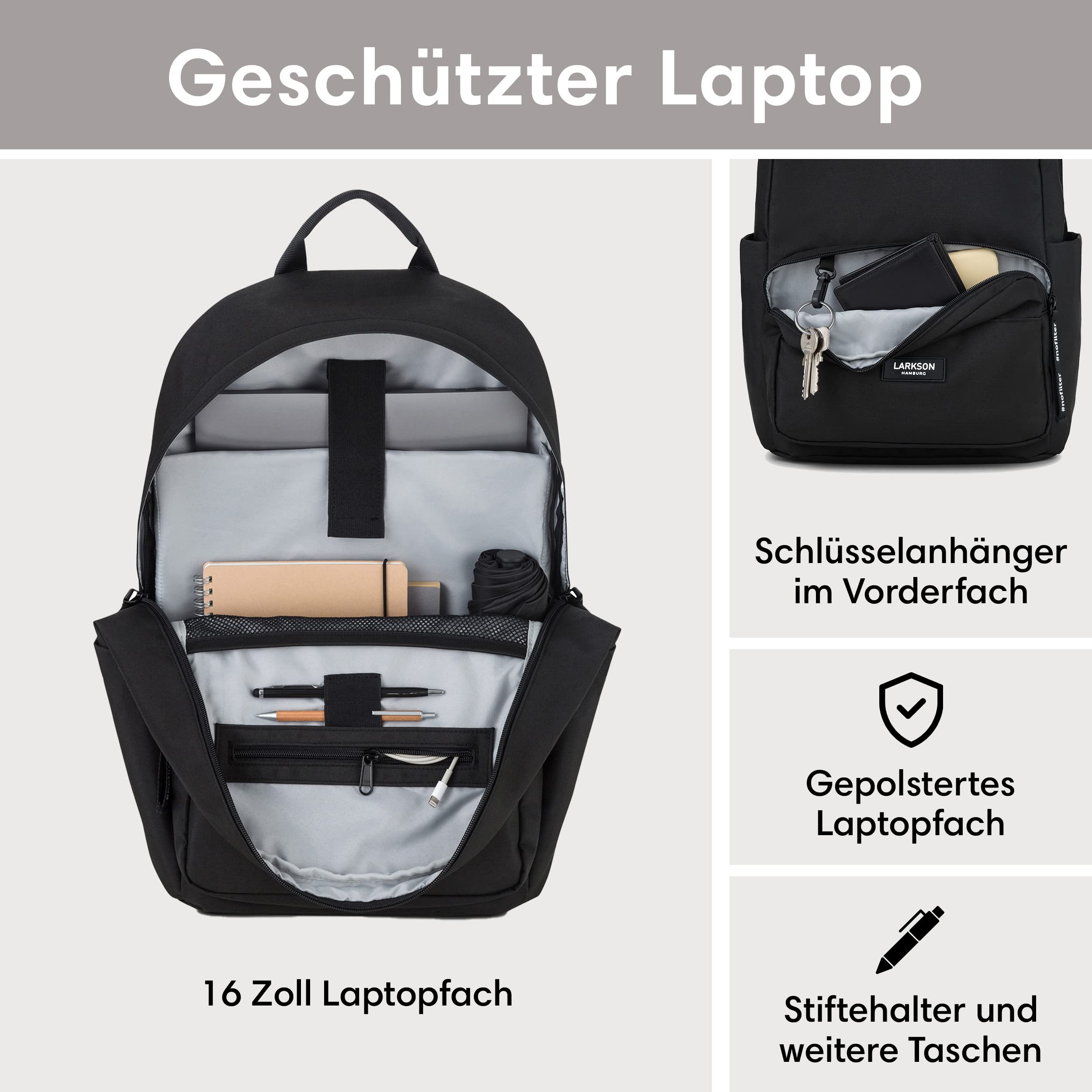 LARKSON Schulrucksack Mädchen Jungen Teenager Schwarz 16" Laptopfach Polyester Wasserabweisend
