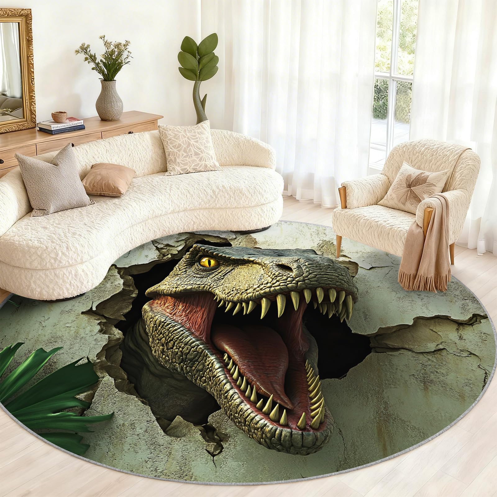 Alfombra Redonda de Dinosaurios de 120 cm, alfombras Redondas de Dinosaurios 3D para Dormitorio, alfombras Circulares Antideslizantes para Sala de Estar, Oficina, Mesa de café, decoración del hogar
