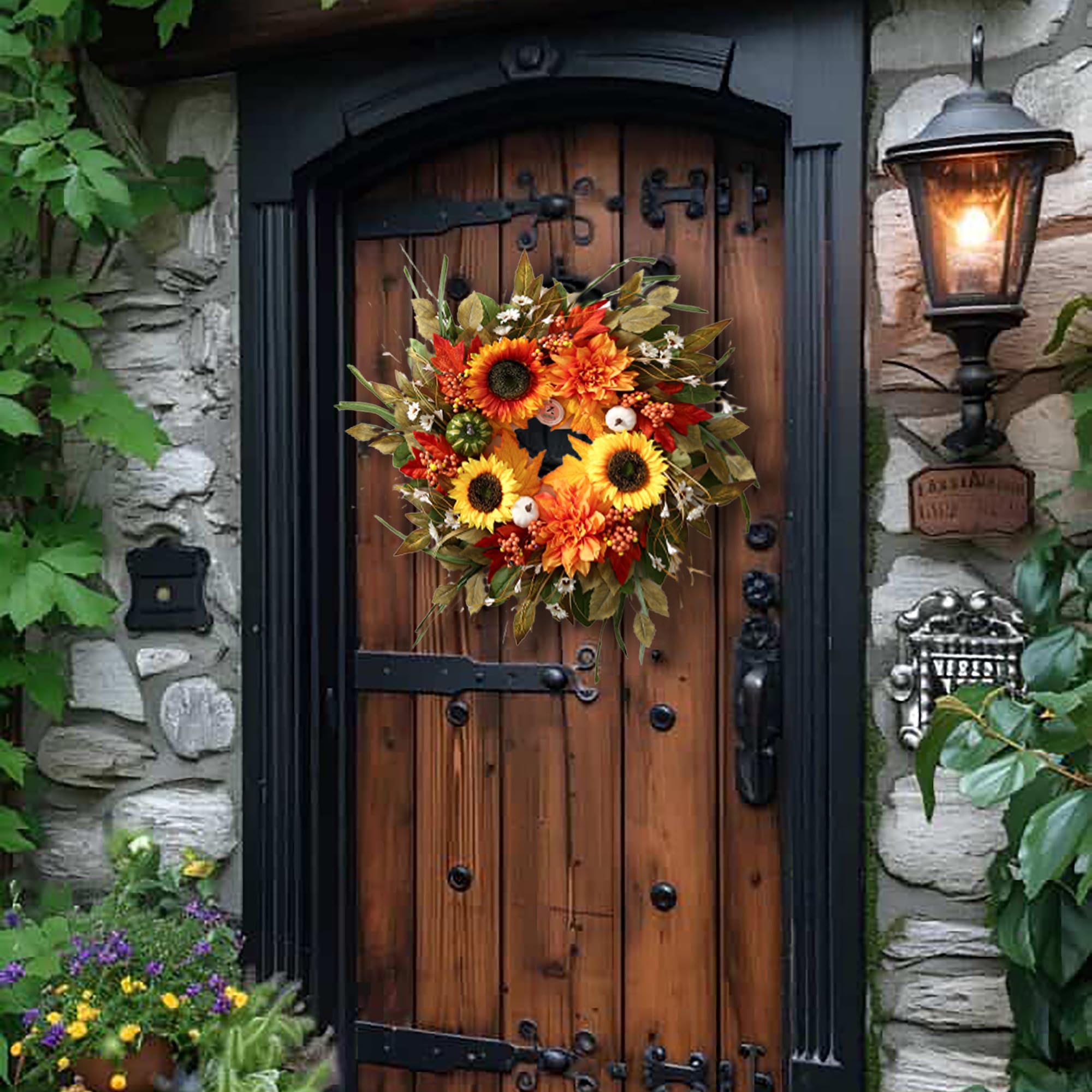 Herbstkranz für Haustür, 61 cm, Herbsttürdekoration mit Kürbissen, Sonnenblumen und Ahornblättern, rustikaler Bauernhausstil für Thanksgiving und Ernte