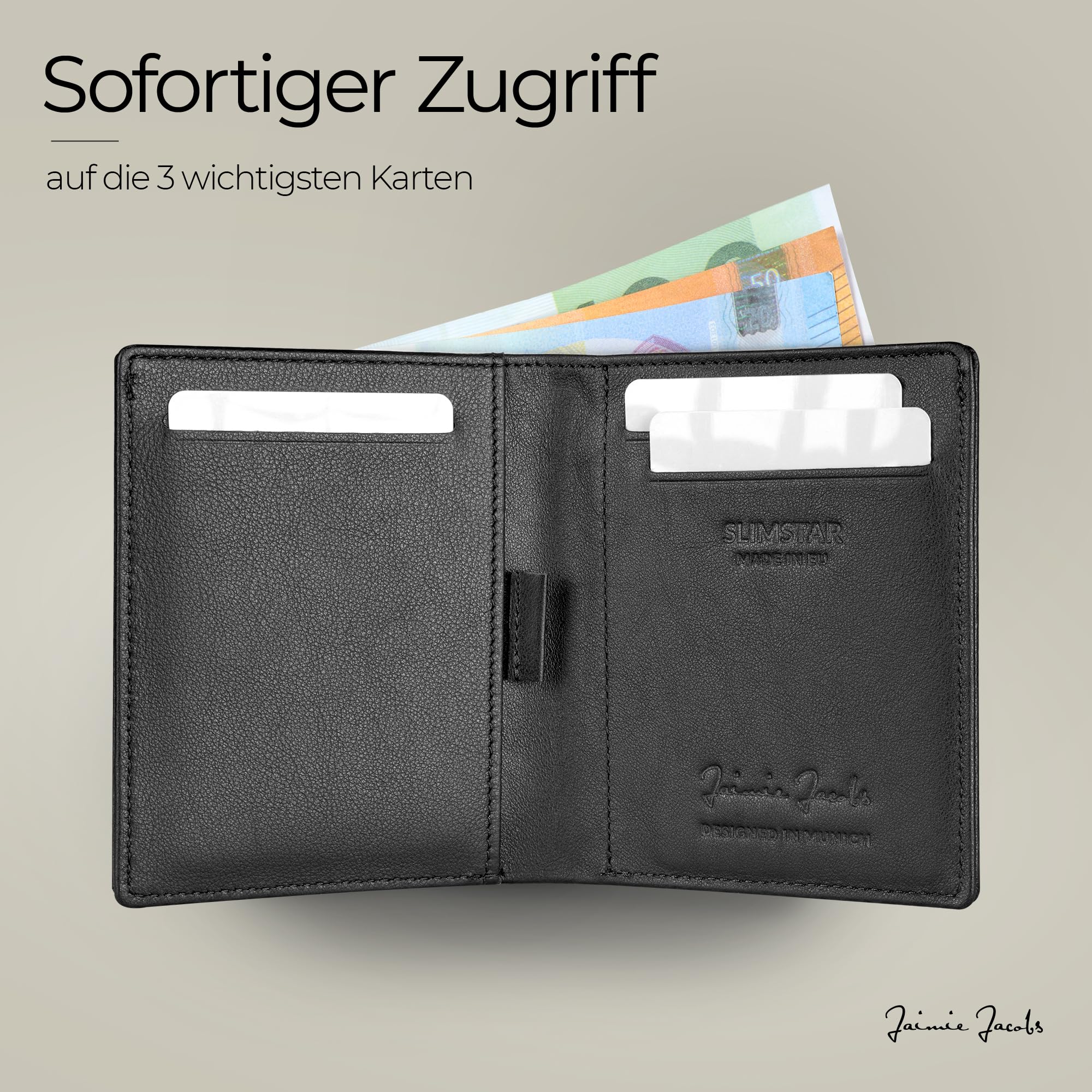 JAIMIE JACOBS SLIMSTAR mit großem Münzfach dünne Geldbörse Leder Slim Wallet Hochformat Geldbeutel Herren (Schwarz)