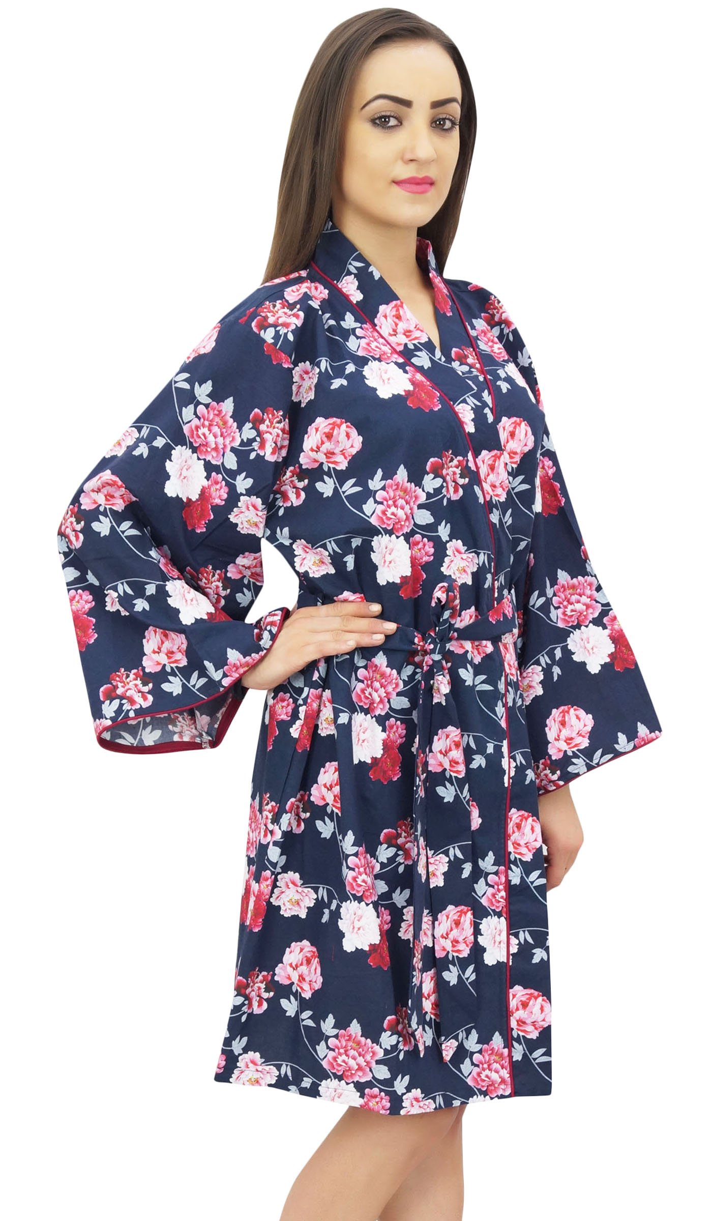 Bimba Mujeres Estampado De Flores De Algodon Popelin Kimono Coverup túnica con Belt - 36