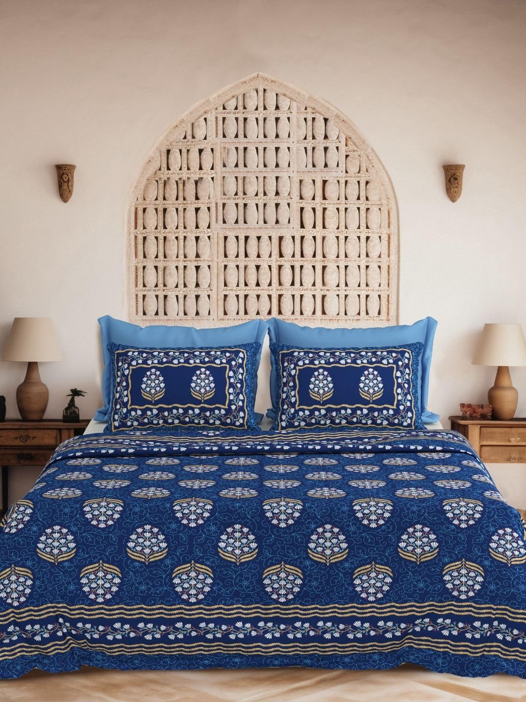Jaipur Fabric King Size Bedsheet for Bed, 240 TC 100% Cotton Bedsheet with 2 Pillow Covers (Blue-1, 274cm x 274cm)-image-48