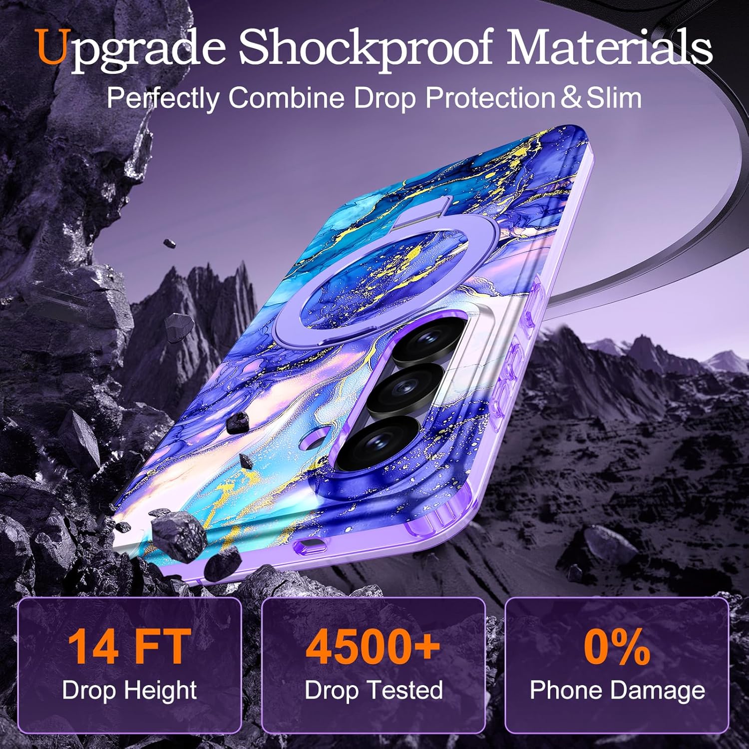 for Samsung Galaxy S26 Case, [Magnetic Invisible Stand] [Compatible with MagSafe] [Military Grade Drop Protection] Slim Glossy Marble Pattern Back Shockproof Protective Cover, Purple