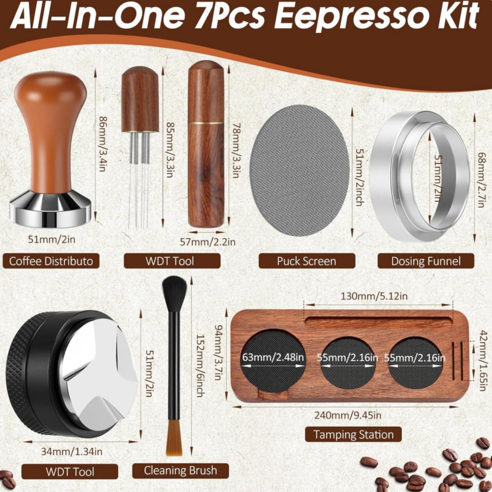 Colcolo Equipo de de Café Estación para Accesorios Espresso Kit Distribuidor Embudo Portafiltro Pantalla Puck Herramienta Pin Cepillo Profesional Madera Metal Adecuado para Oficina