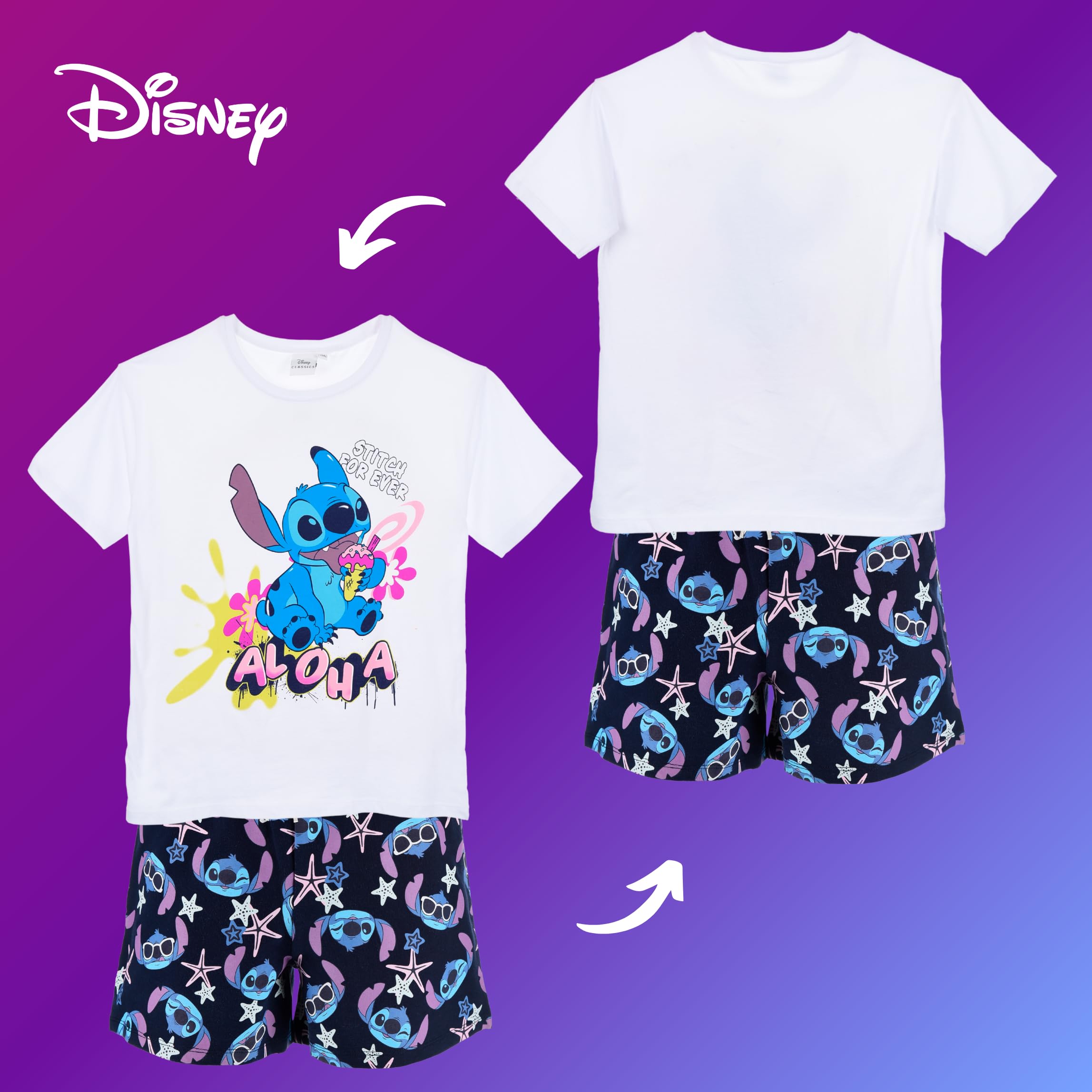 Disney Stitch Pyjama pour Fille, Ensemble 2 Pièces 'Aloha' Conception T-Shirt et Short, Taille 10 Ans | Blanc