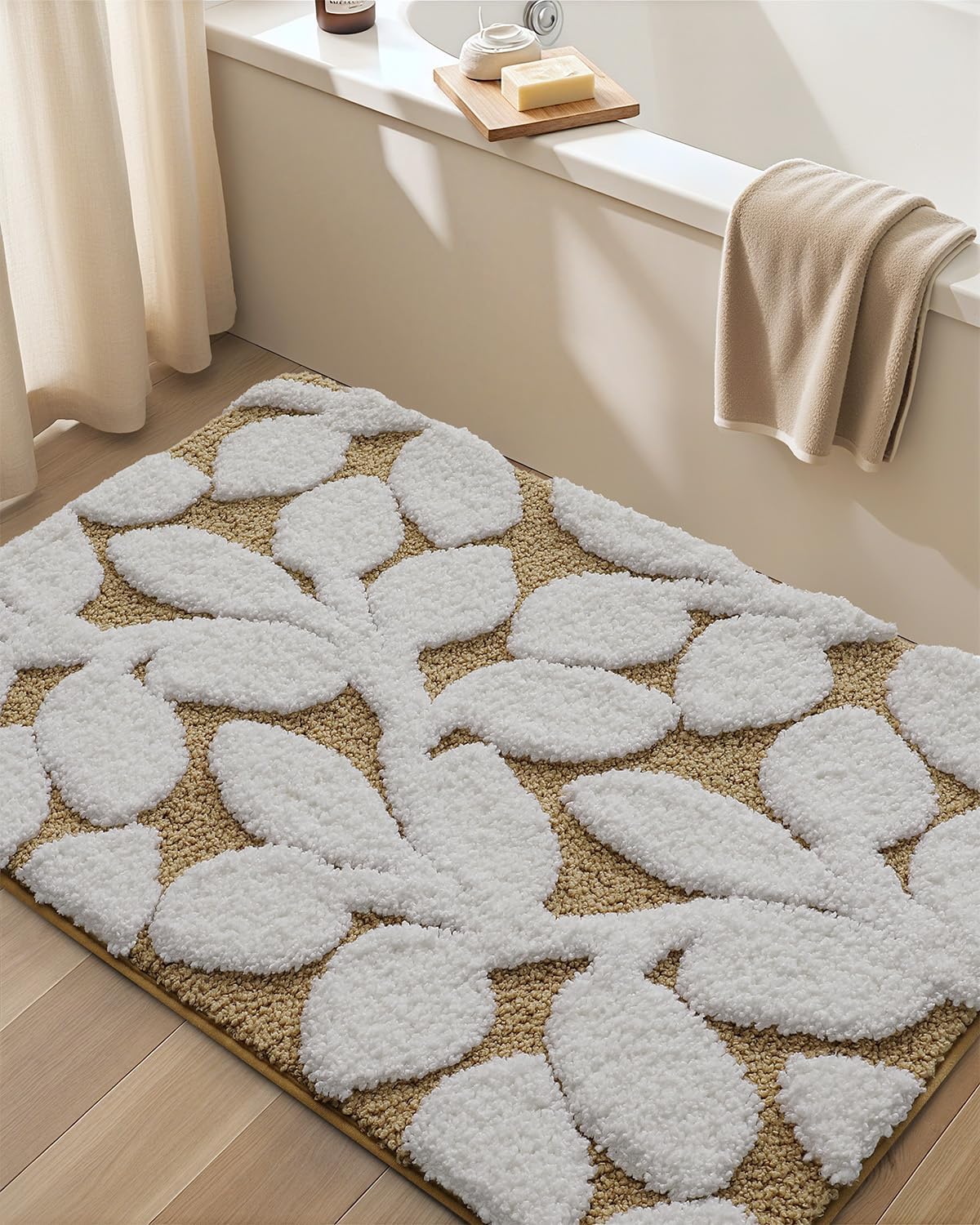 DEXI Bathroom Rugs Non Slip Washable, 16x24 Absorbent Cute Bath Mat with Leaf Plant, Ultra Soft Plush Microfiber Bathmat Quick Dry for Shower Floor, Tub, Sink, Brown and White 1'4" x 2' (Rectangular) Brown and White