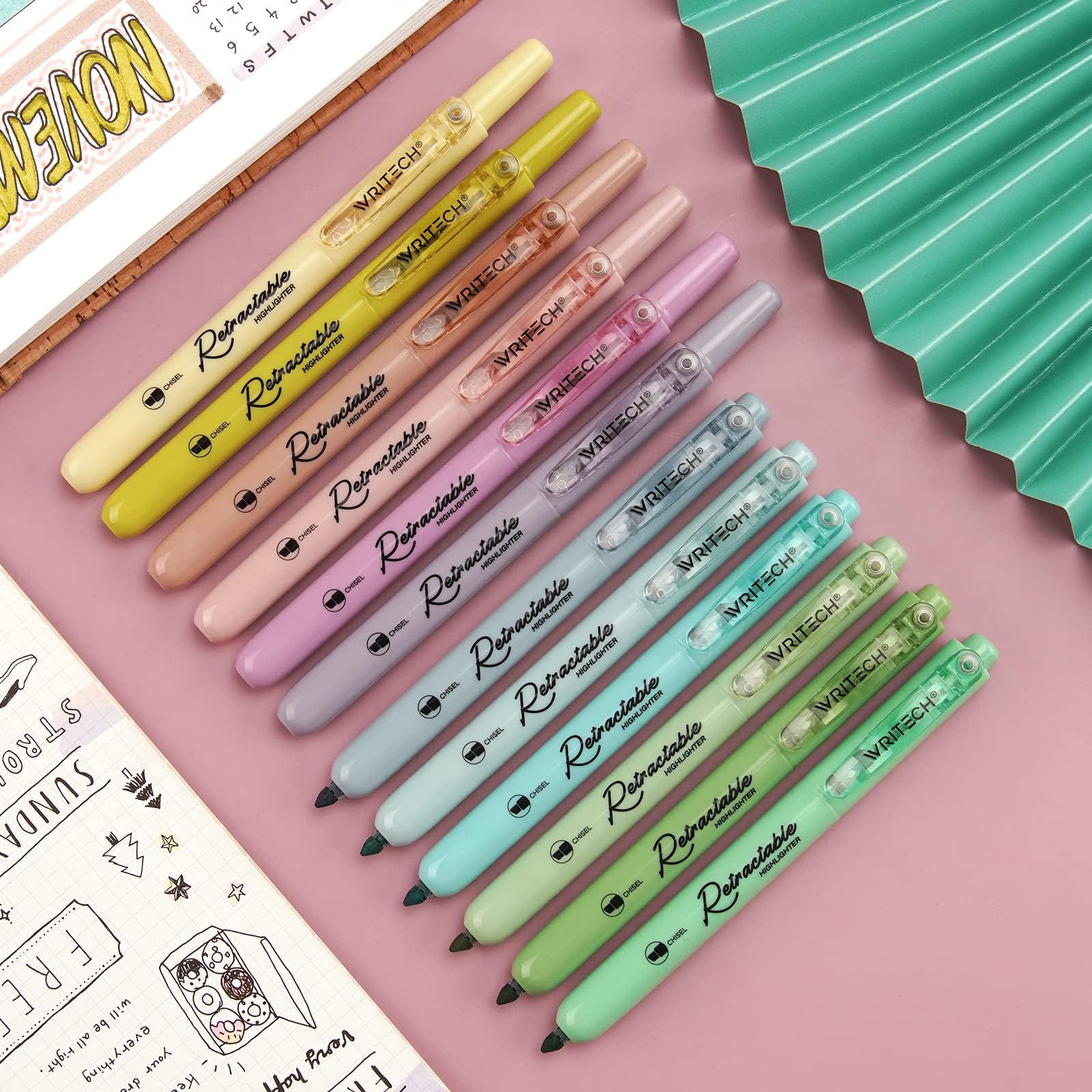- Retractable Highlighters Assorted Colors: Chisel Tip Click Aesthetic Highlighter Marker Pens Pack Multi Colored Ink No Bleed Smear for Highlighting Journaling (12ct Neutral)