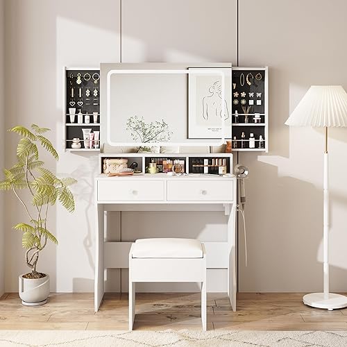 Makeup Desk with Mirror and Lights, White Dressing with Charging Station & Chair, Vanity Desk with Sliding Jewelry Storage Shelves&3 Lighting Modes, Vanity with 2 Large Drawers,Vanity for Women&Girls