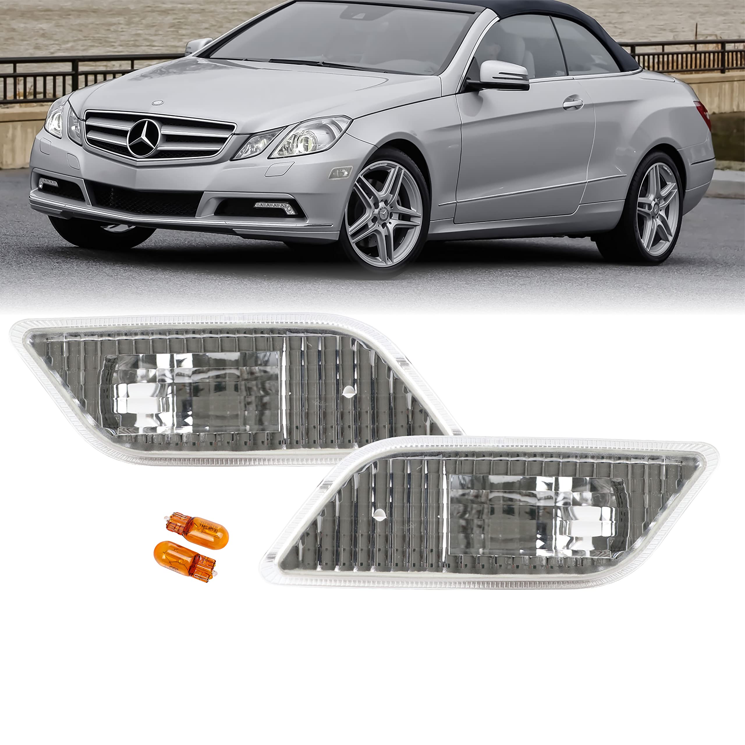 USR 10-13 C07 E-Class Coup Euro Crystal Clear Bumper Side Markers Assembly Set (Left + Right) Compatible For 2010-2013 C207 E Class 2 Door Coupe