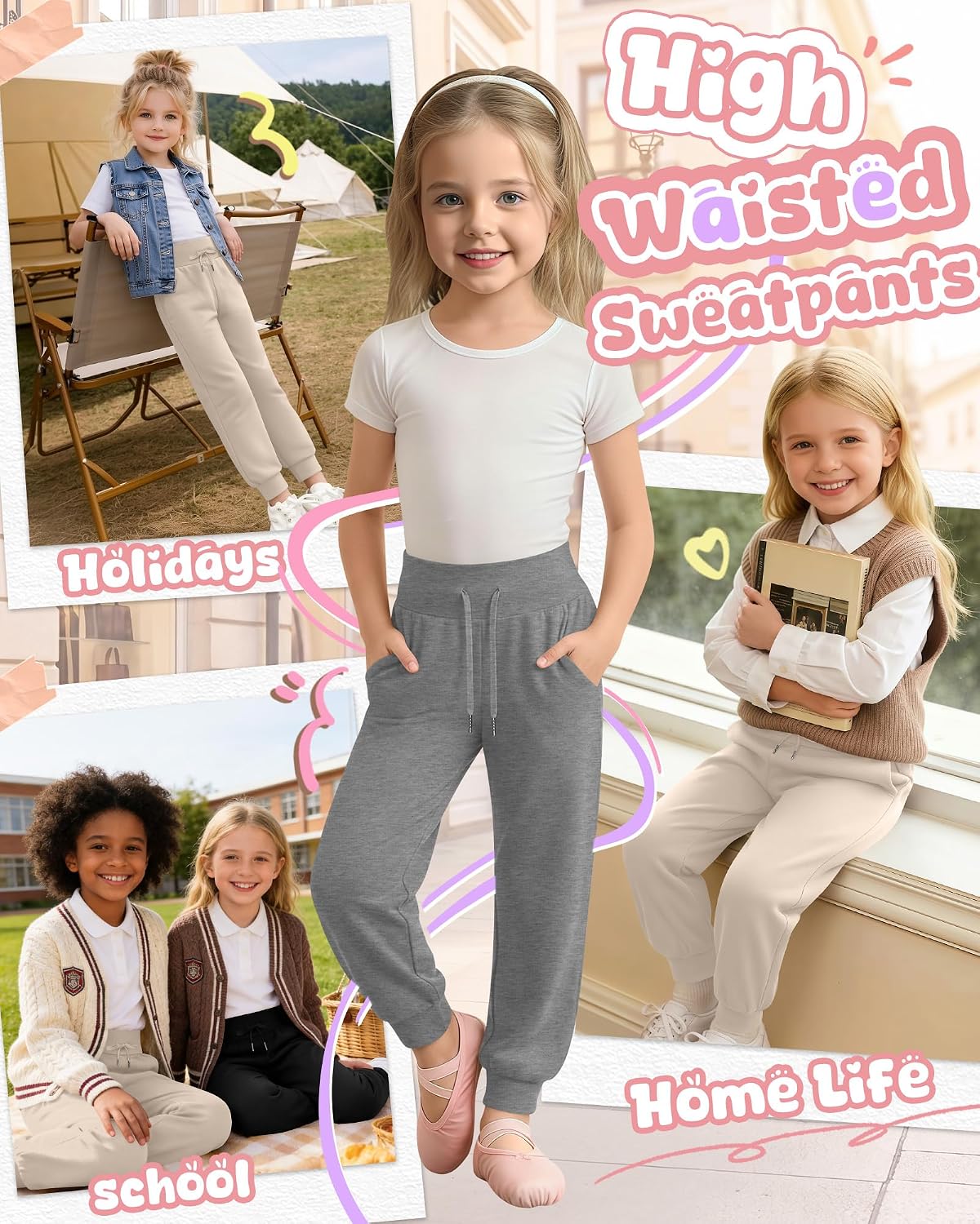 3 Pack Girls Sweatpants Kids Joggers Pants with Pockets Elastic High Wide Waistband Casual Athletic Pants 5-14 Years