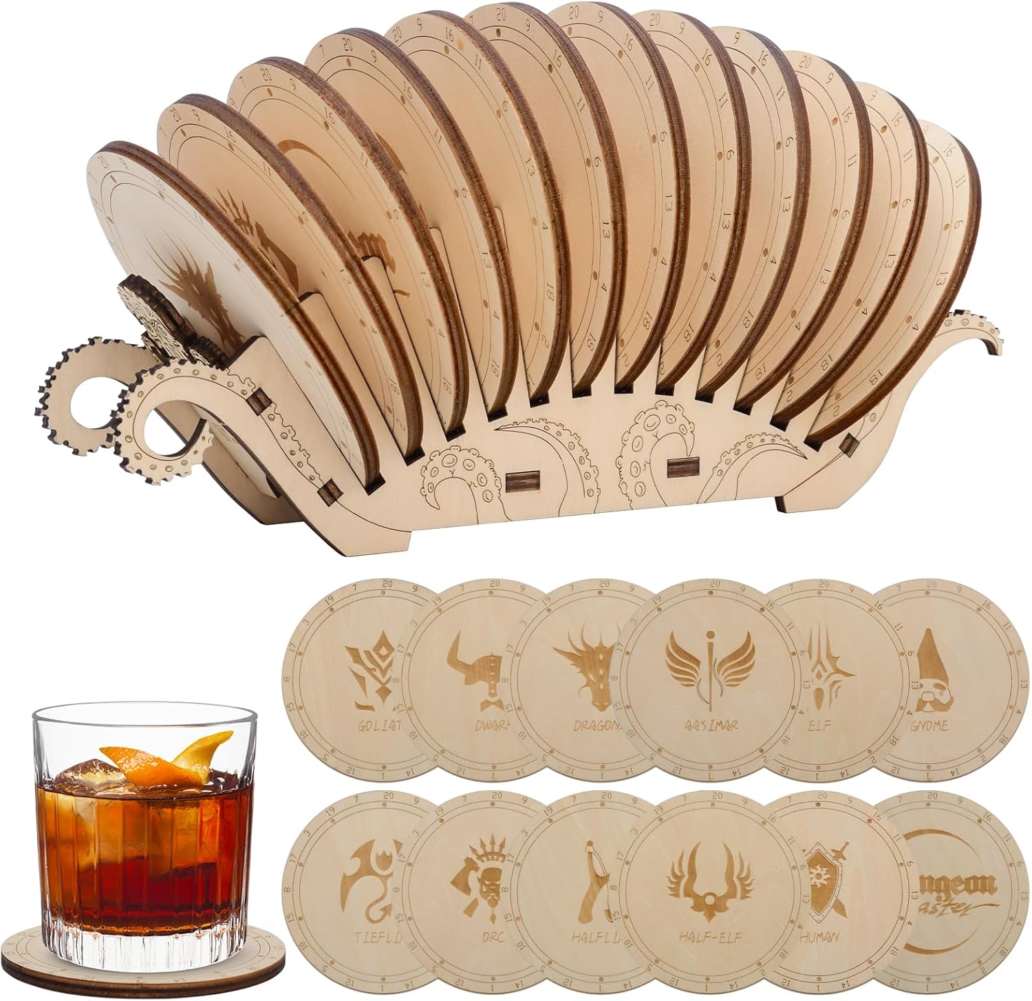 CZYY DND レースコースター 触手デザインホルダー付き ラウンドウッドコースター レーザー刻印 DND 種のアイコン、DNDテ