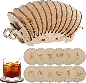 CZYY Fantasy RPG Coasters, 12 DND Race Laser Engraved Designs with Holder | 3.5 in Round Coasters, 4 mm Plywood, Tentacle Storage Holder, Tabletop Decor & Gift for Dungeon Masters