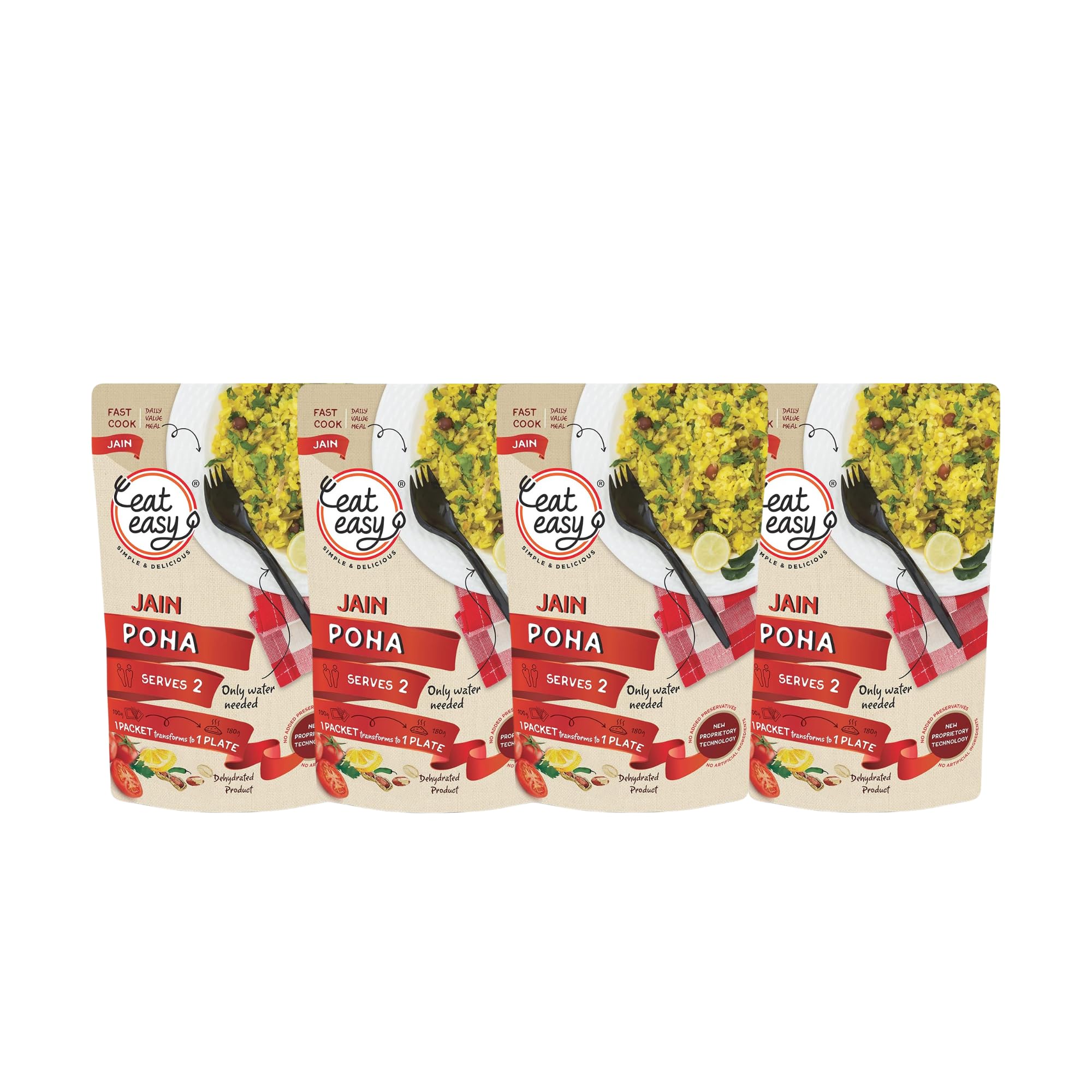 Eat Easy Ready To Eat (Pack of 4) Jain Poha, 100gm of 1 Pack, Instant Food, Indian Meal, Travel Food, No Preservatives, No Added Artificial Colours & Flavours, Just Add Water and Cook