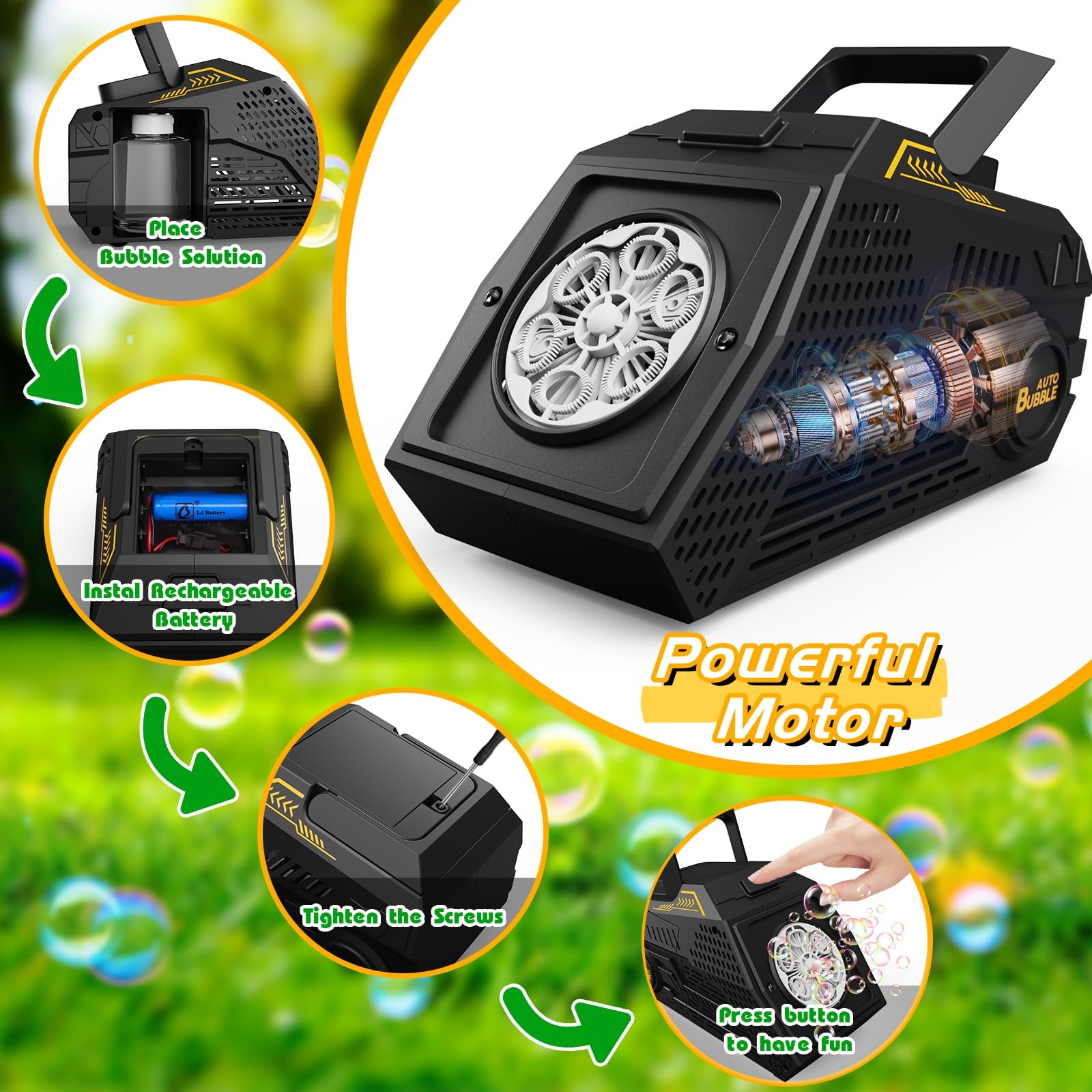 PANACARE Seifenblasenmaschine, Automatische Seifenblasenmaschine 10000+Blasen/Min mit Wiederaufladbare Akku|2*Seifenblasenlösung|Bunte Lichter, Tragbar Bubble Machine für Geburtstag, Party, Hochzeit