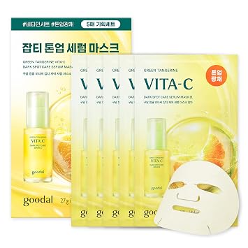GOODAL Green Tangerine Vita C Dark Spot Care Serum Sheet Mask5ea [Advanced Ver.], Dark Spot Care & Hydration Boost with Niacinamide and Hyaluronic Acid, Vegan Skin-Fit Sheet Mask, Korean Skincare