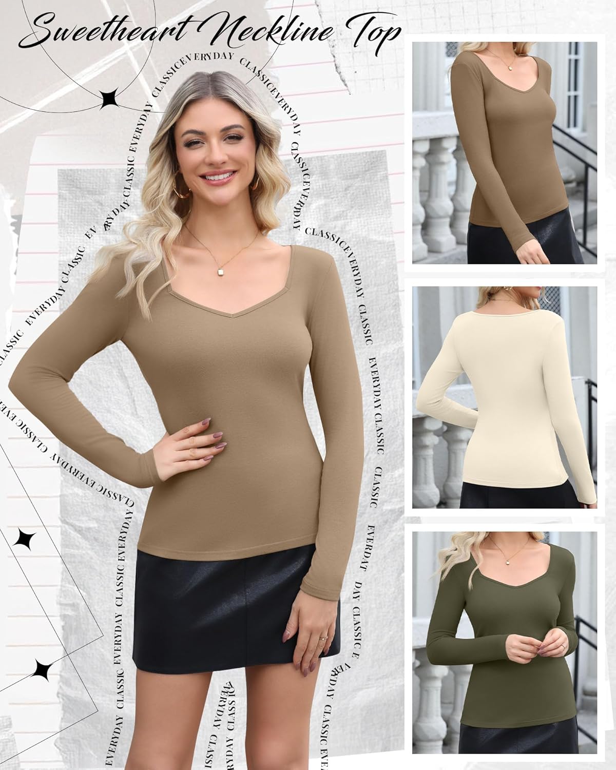 3 Pack Women's Long Sleeve Tops, Sweetheart Neck Knit Basic Shirts Slim Fit Casual Fall Going Out Tee - Image 2