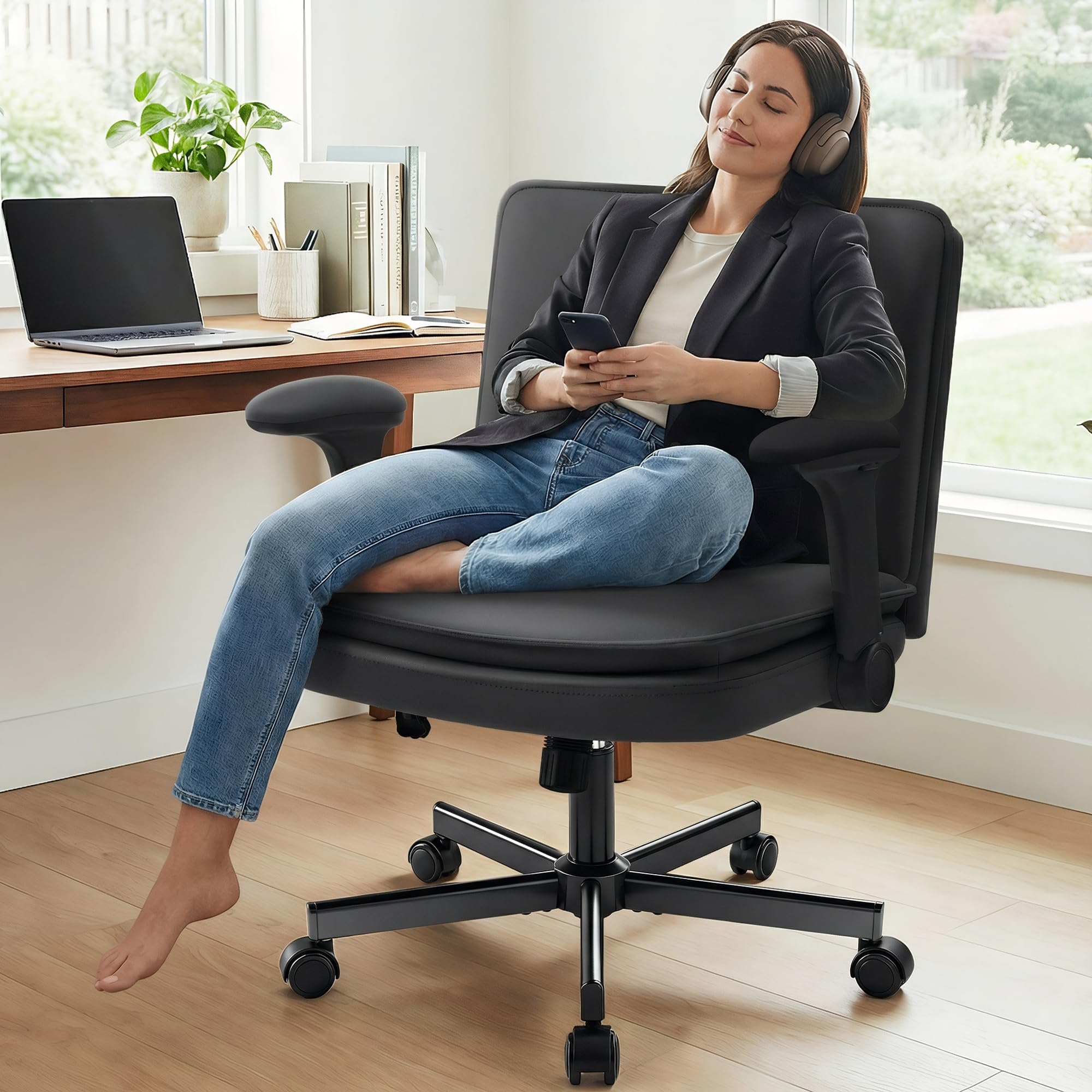 Criss Cross Office Chair with Wheels - Wide Seat Criss Cross Desk Chair with Flip-up Arms and Thick Cushion - Comfy Tilting Swivel Rolling Vanity Chair for Home Office Bedroom Apartment
