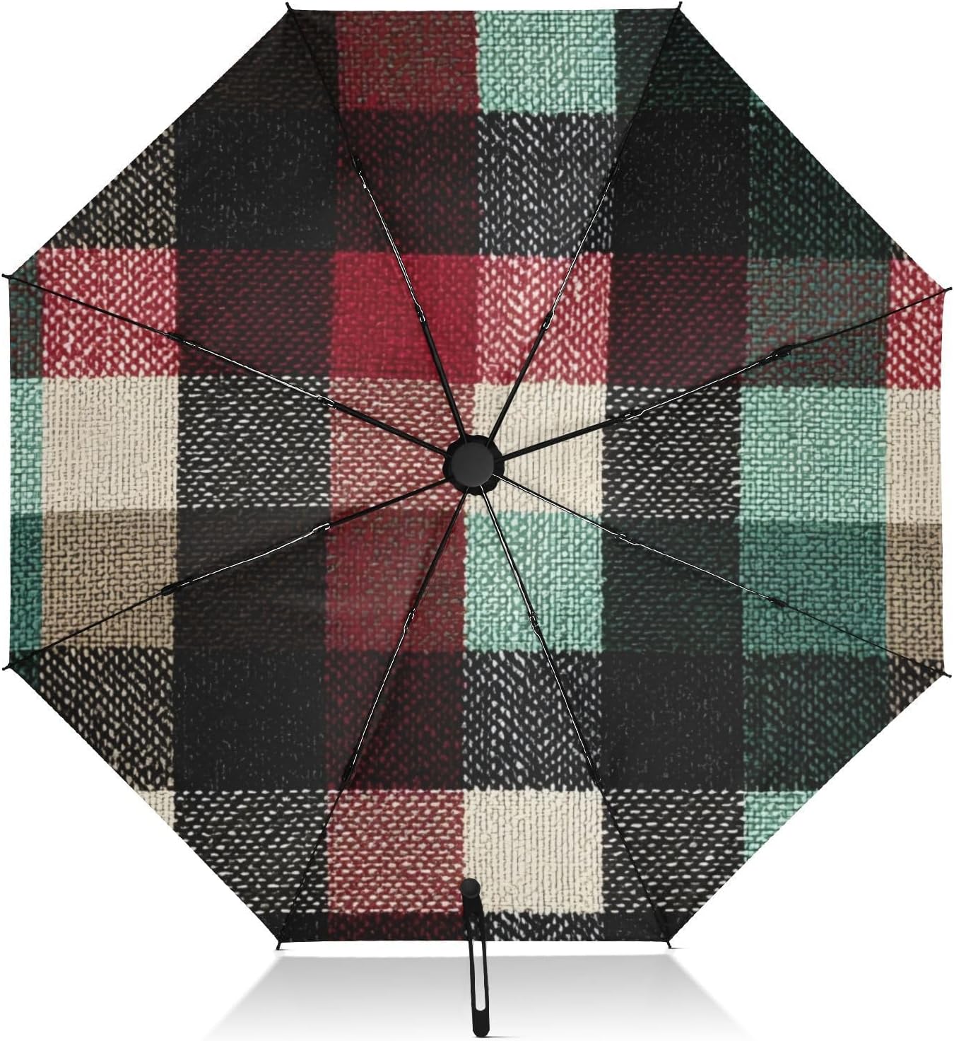 UV Protection Travel Umbrella Plaid Red Green Compact for Rain and Sun - Auto Open and Close UPF 50+ Windproof Stylish Portable 46” Sun Umbrella for Women and Men