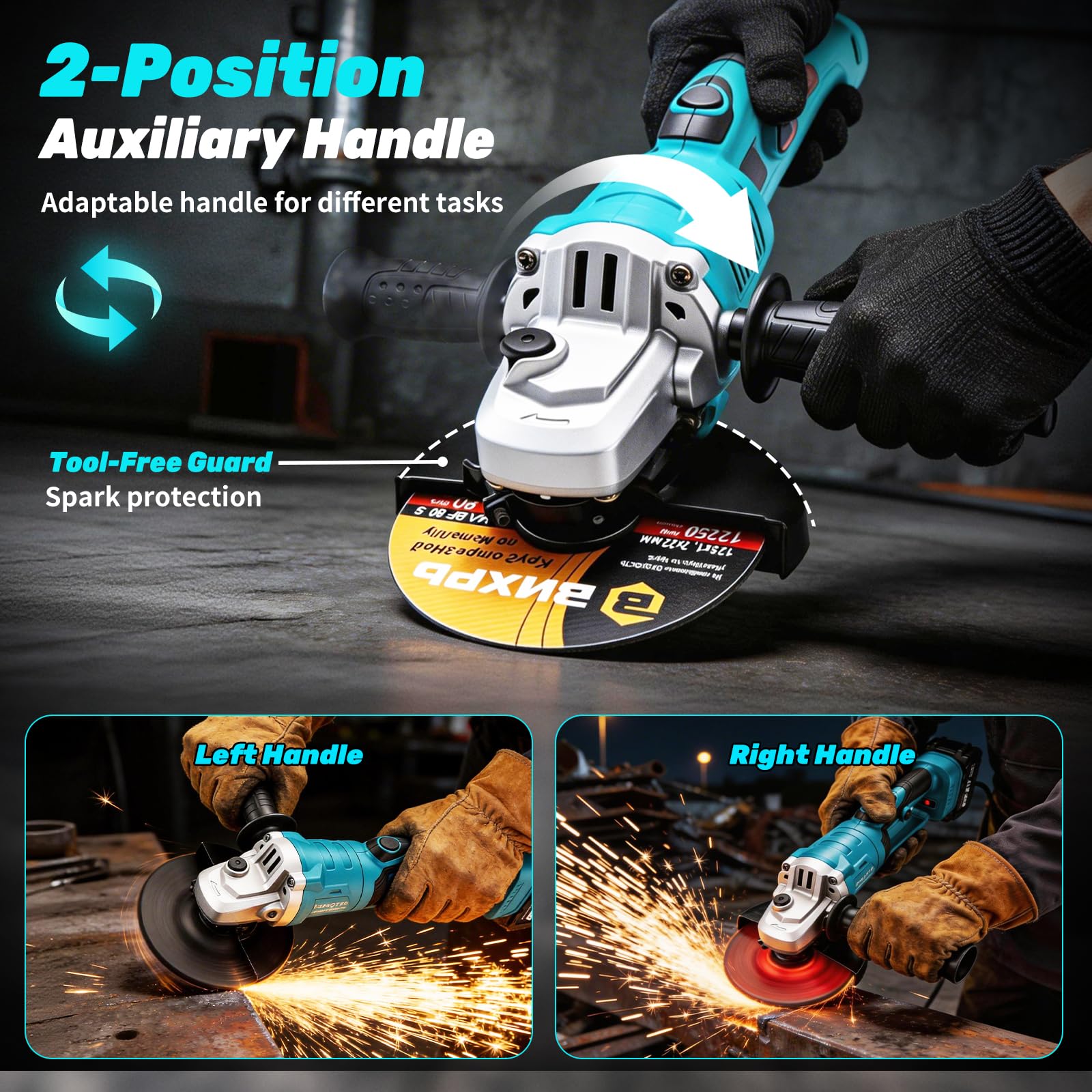 Yofuly Amoladora Angular Batería Compatible con Baterías Makita de 18V, Radial Eléctrica con 2 Batterie da 4,0 Ah | Testa Girevole a 180° | 3 Velocità | 9000 giri/min 125mm Rebarbadora con 6 Dischi